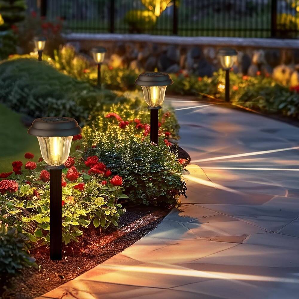 Left. MOSZAR LLC - Solar Lights Outdoor 6 Pack, Stainless Steel Glass Solar Pathway - Black.