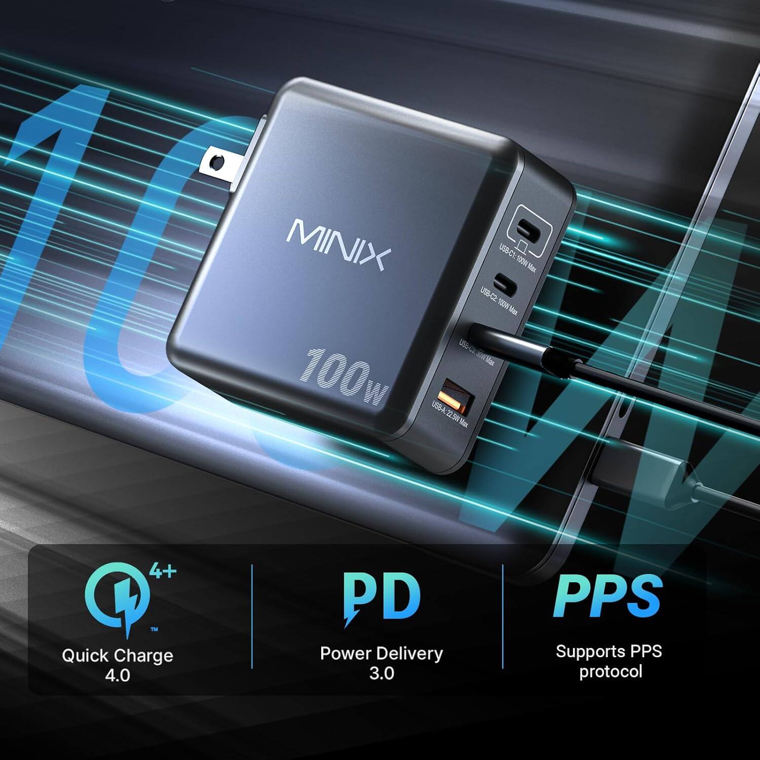 MINIX USB-C 100W Max - USB-C2 100W Max - USB-A 22.5W - 4+ M Quick Charge 4.0 PD Power Delivery 3.0 PPS Supports PPS protocol