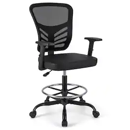 Costway - Mesh Drafting Chair Office Chair w/Adjustable Armrests & Foot-Ring - Black