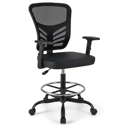 Front. Costway - Costway Mesh Drafting Chair Office Chair w/Adjustable Armrests & Foot-Ring Black - Black.