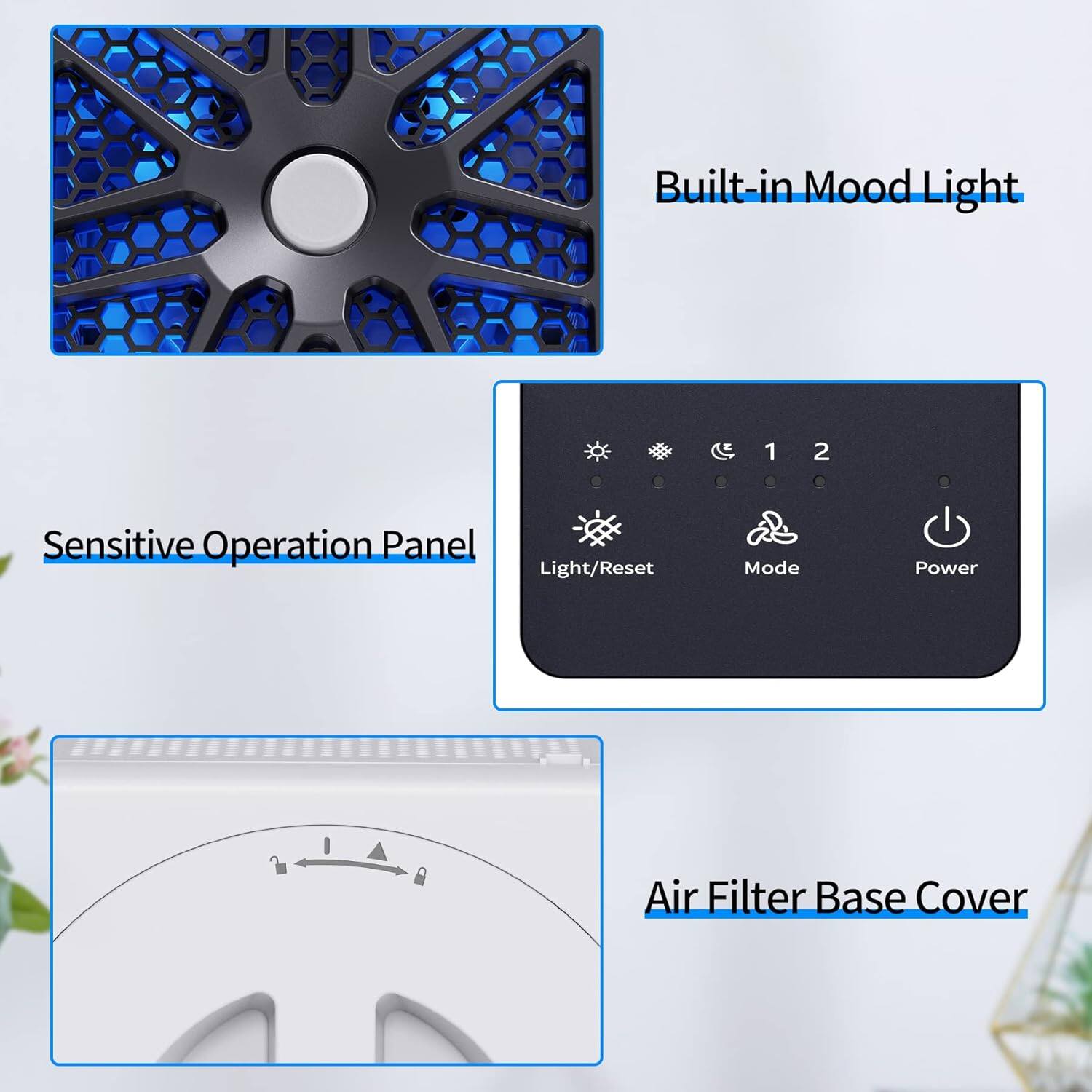 - Built-in Mood Light
- Sensitive Operation Panel
- Light/Reset Mode
- Power
- Air Filter Base Cover