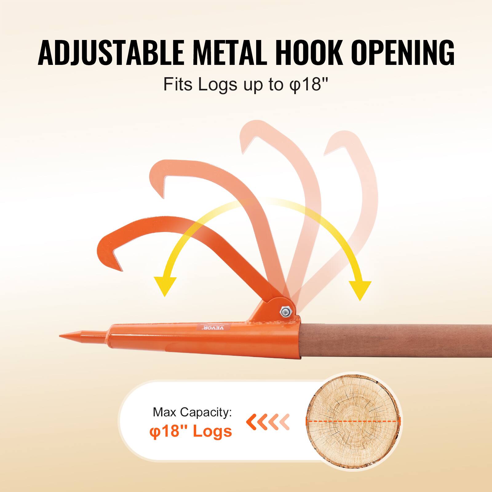 ADJUSTABLE METAL HOOK OPENING  
Fits Logs up to Ø18"  

Max Capacity: Ø18" Logs