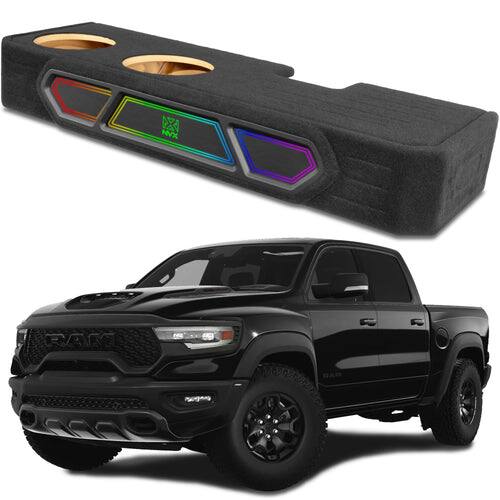 Front. NVX - BOOST Box Custom Fit 10" 1200W RMS Total Loaded Sealed Subwoofer Enclosure for 2019-2024 Ram 1500 Crew Cab - Black.