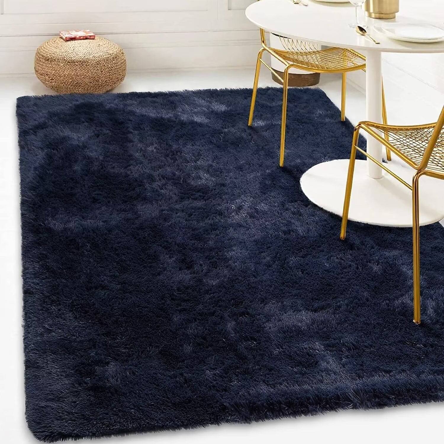 Front. Homhougo - 5 x 8 Fluffy Shag Area Rug, Soft Non-Slip Carpet for Bedroom & Nursery, Machine Washable, Cozy Floor Mat, Dark Navy - Dark Navy.