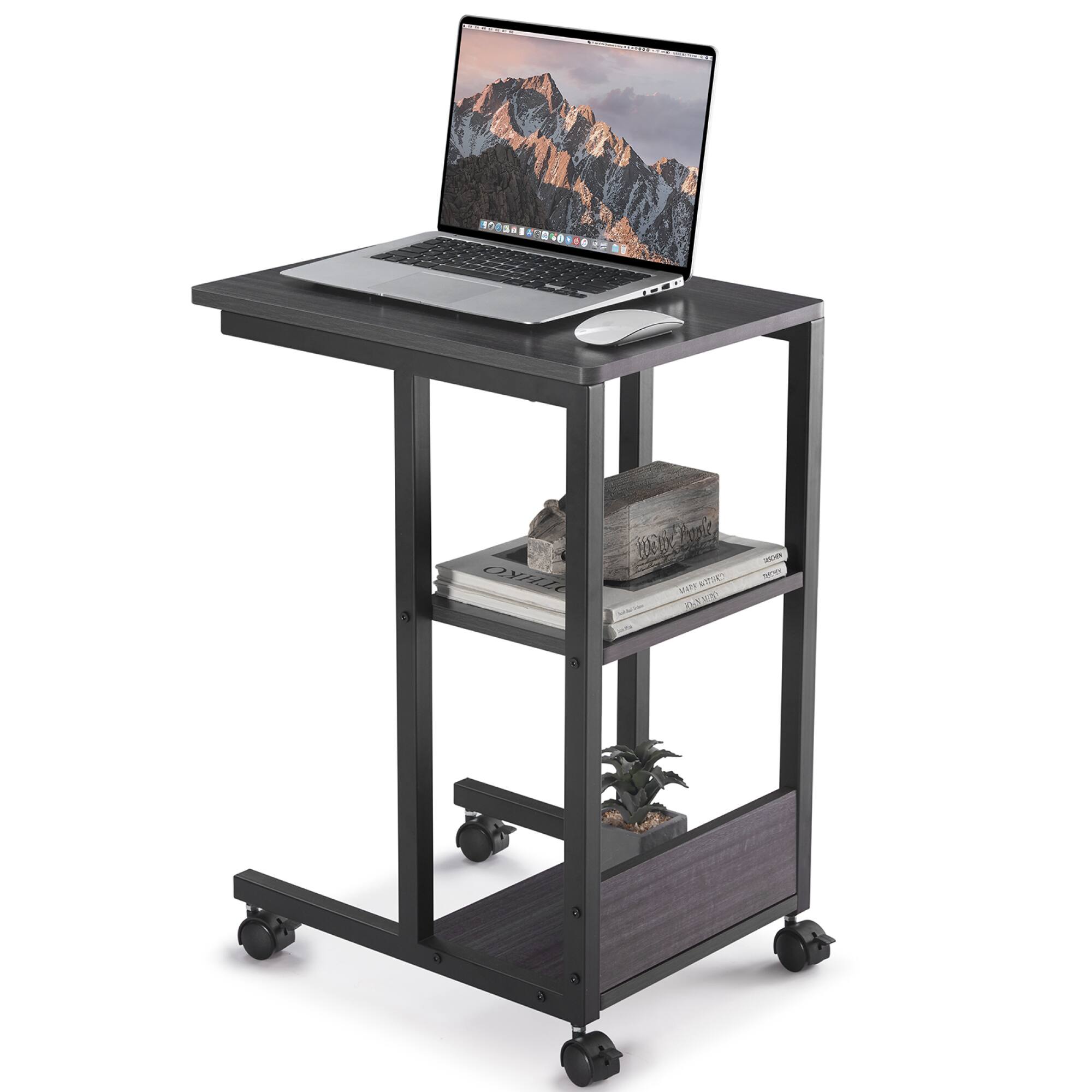 GOODSILO - Shaped End Table with Lockable Wheels and Two-Tier Storage, Rolling Side Table for Living Room or Bedroom Use - Black Oak