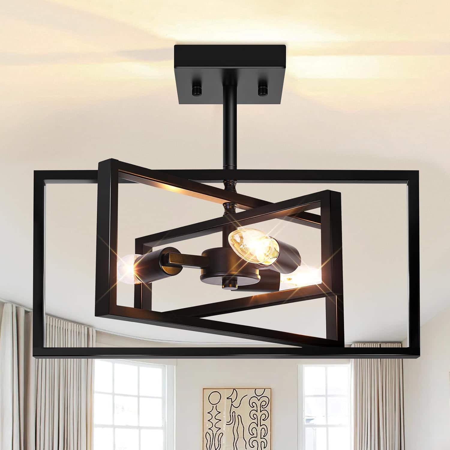 Nordic Hygge - 3- Farmhouse Semi Flush Mount Ceiling Fixture, Rustic Vintage Ceiling Lighting Black Metal - Light