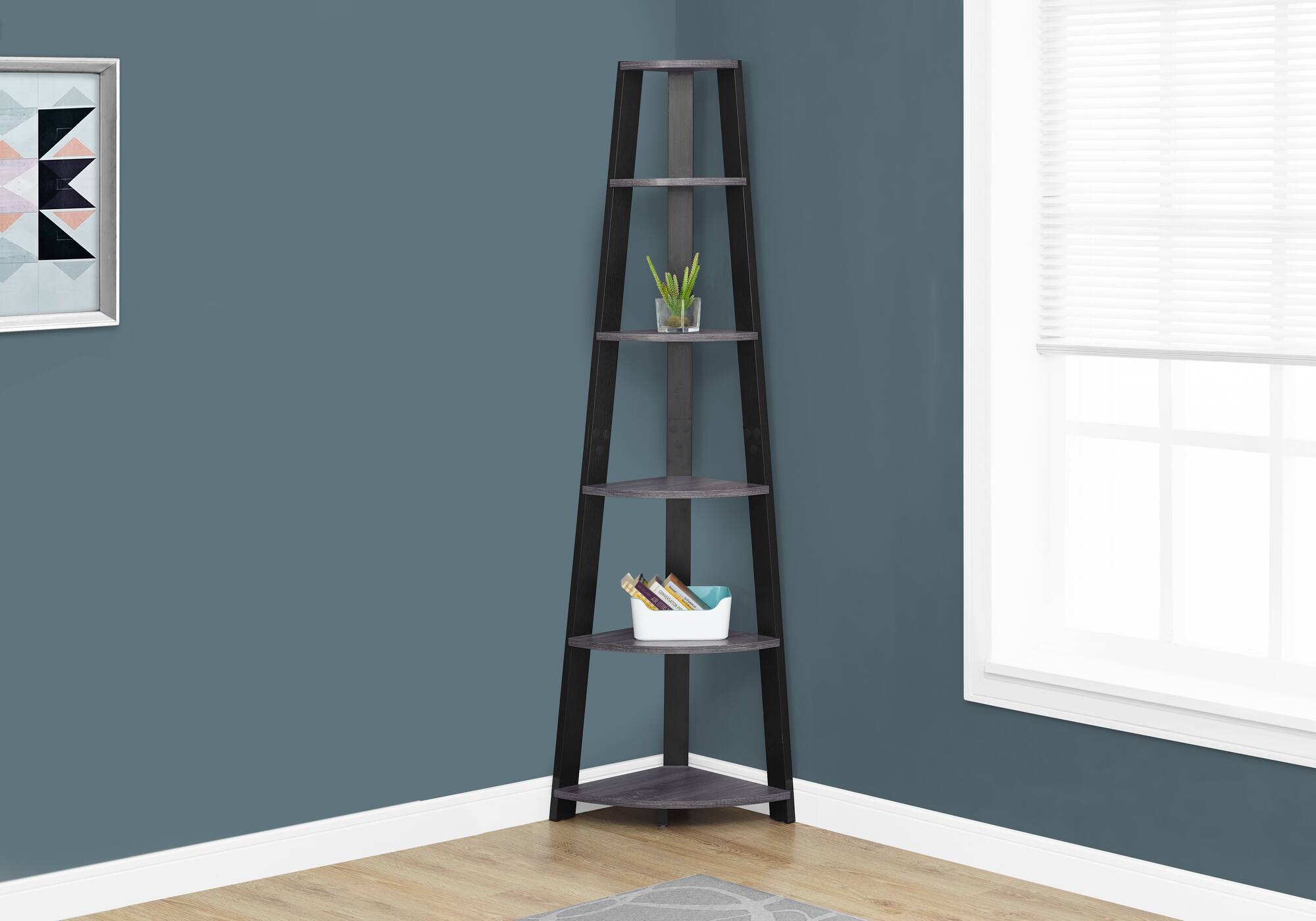 Angle. TinyHomie - Bookshelf Bookcase Etagere Corner 5 Tier 72in H Grey And Black Laminate - Grey.