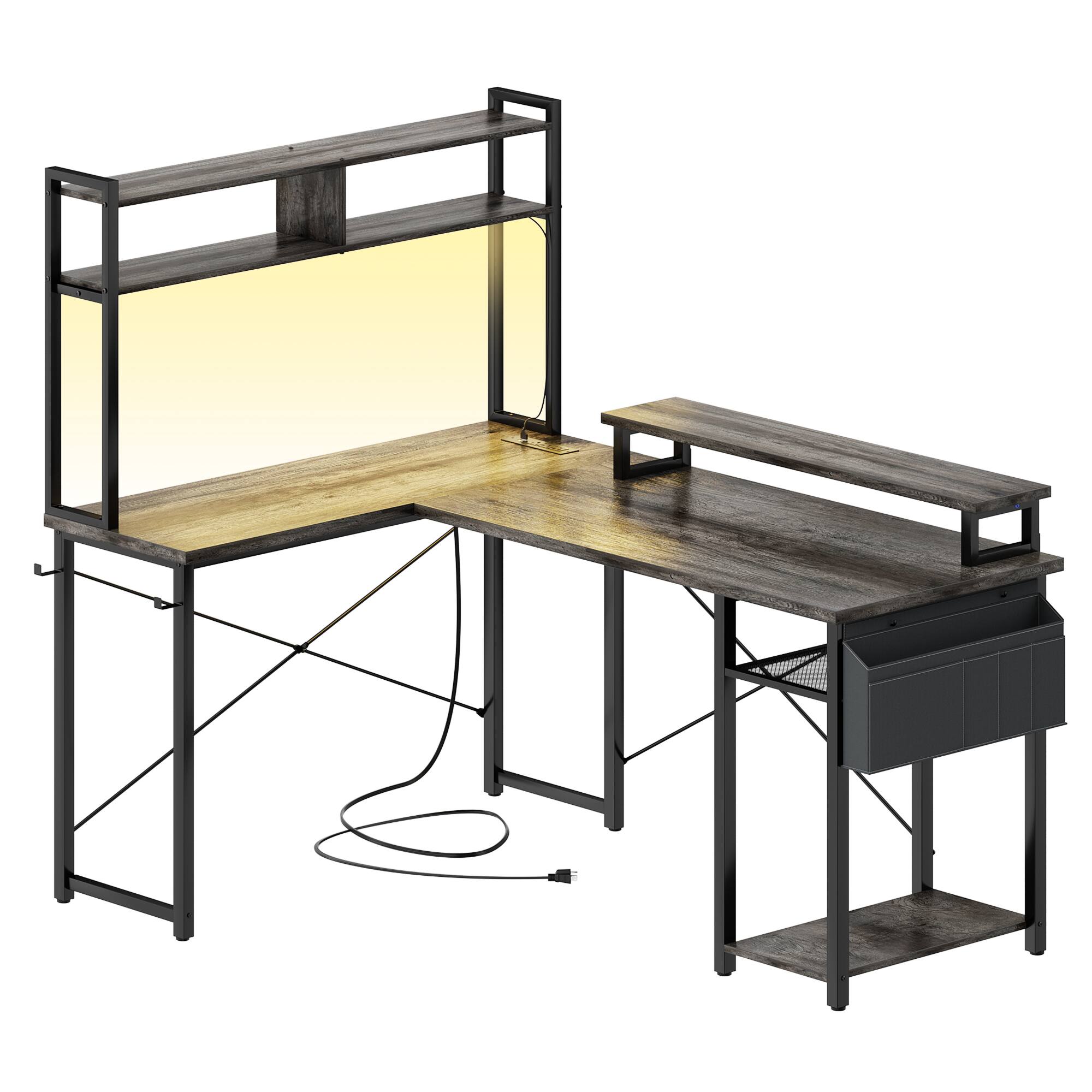 Angle. Aheaplus - Small Reversible L-Shaped Gaming Desk: LED Lights, Power Outlets, Monitor Stand & Storage for Home Office Corner - Gray Oak.