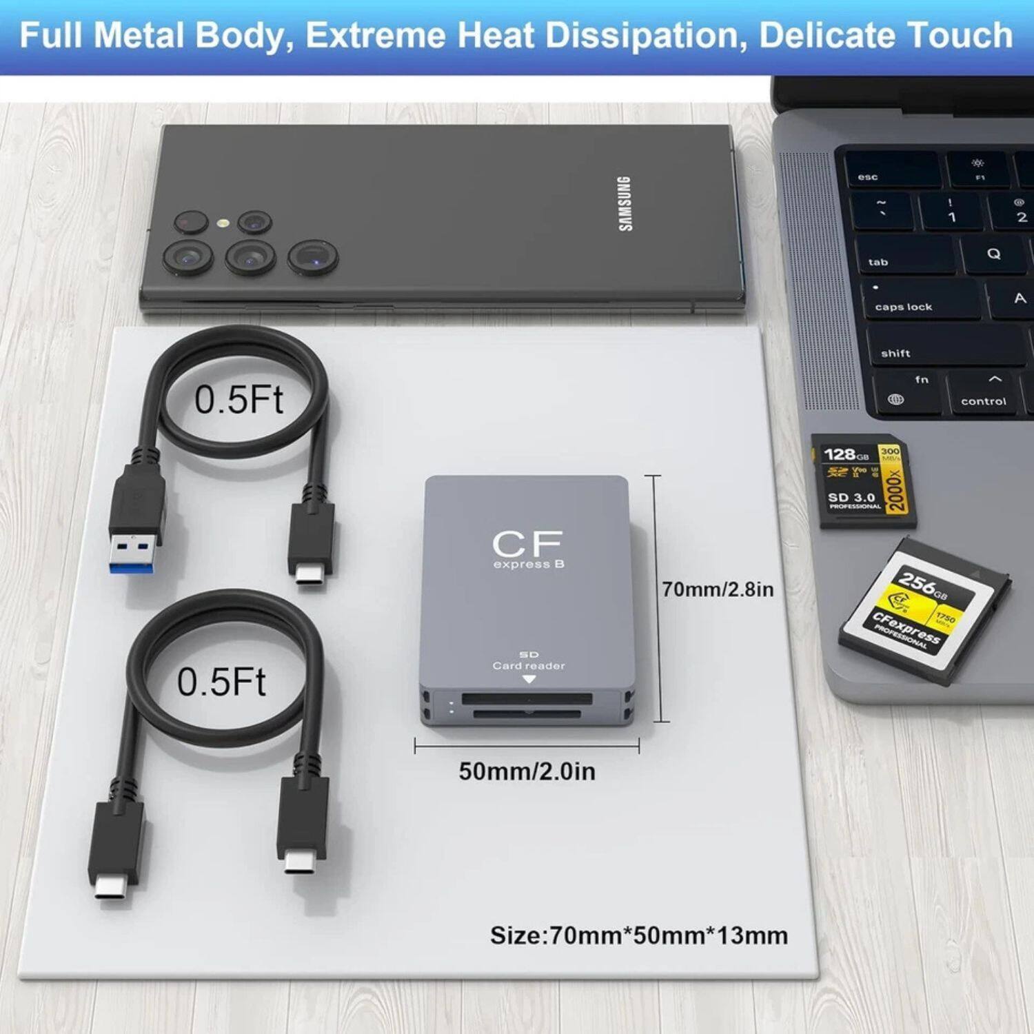 Full Metal Body, Extreme Heat Dissipation, Delicate Touch

SAMSUNG

0.5Ft

CFexpress B

70mm/2.8in

50mm/2.0in

Size: 70mm*50mm*13mm

128GB SD 3.0 2000x

256GB CFexpress 1000x