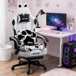 Dowinx - Meenice Gaming Chair Cute with Fluffy Seat Cushion & Lumbar Pillow, Game Chair with Cat Ear Decos for Girls - Black White