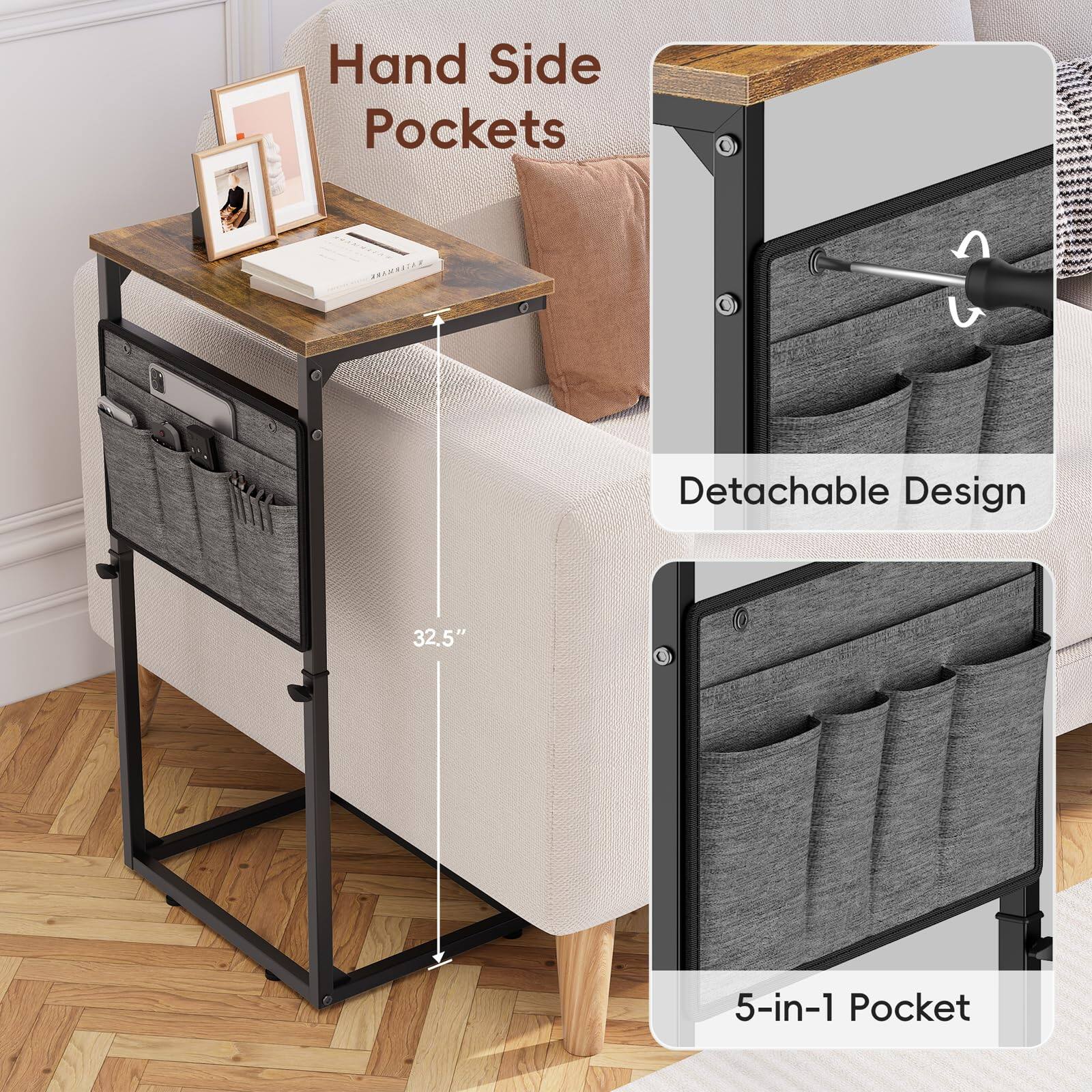 Hand Side Pockets  
Detachable Design  
32.5"  
5-in-1 Pocket