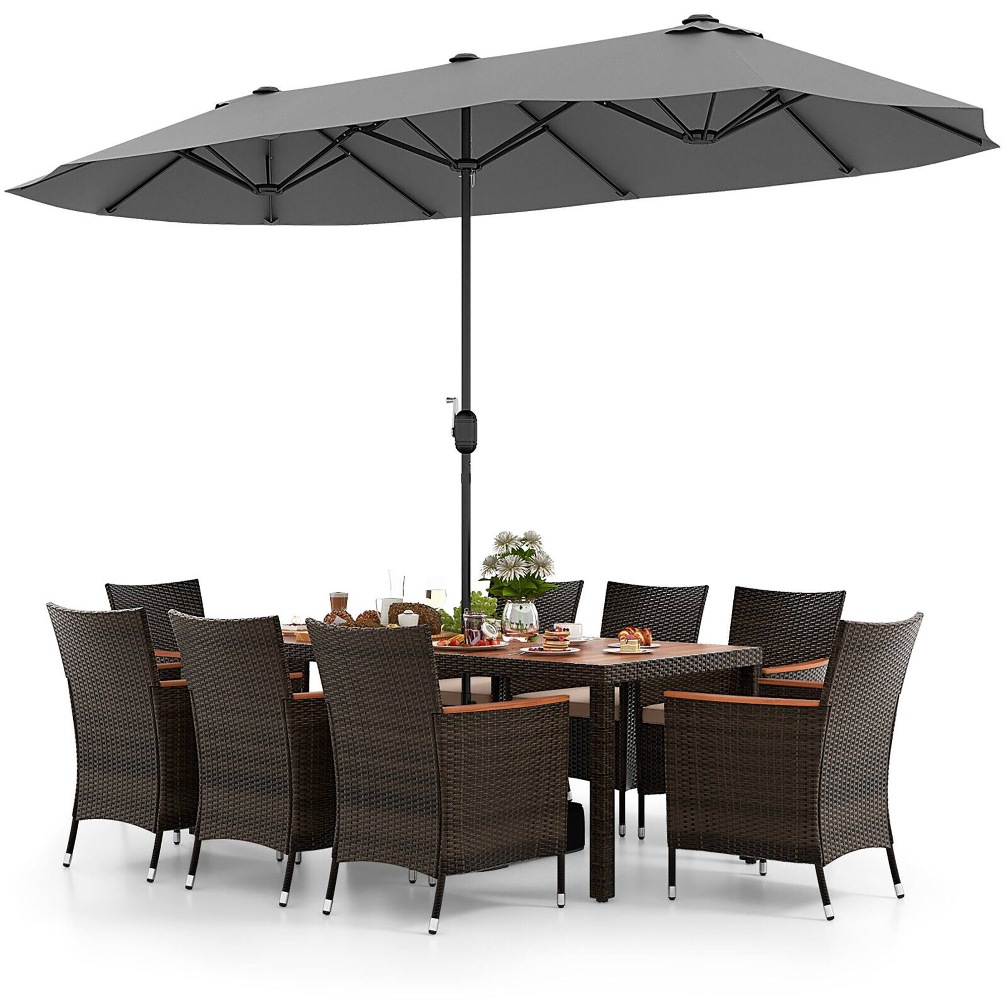 Alt View 7. Gymax - Gymax 9 Piece Patio Wicker Dining Set w/ Double-Sided Patio Grey Umbrella Stackable Chairs - Beige, Mix Brown, Grey.