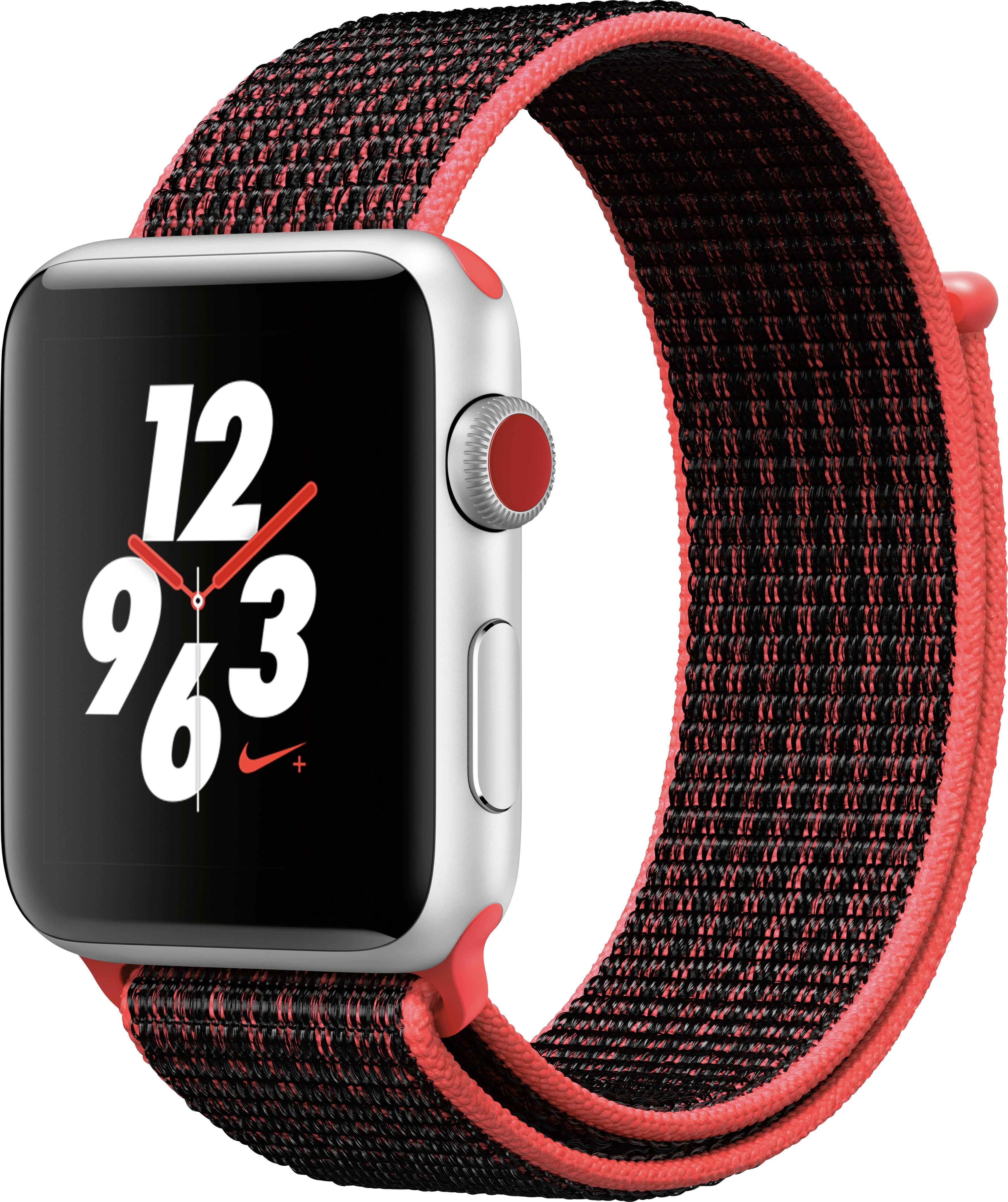 Angle. Apple - Apple Watch Nike+ Series 3 (GPS + Cellular) 42mm Silver Aluminum Case with Bright Crimson/Black Nike Sport Loop - Silver Aluminum.