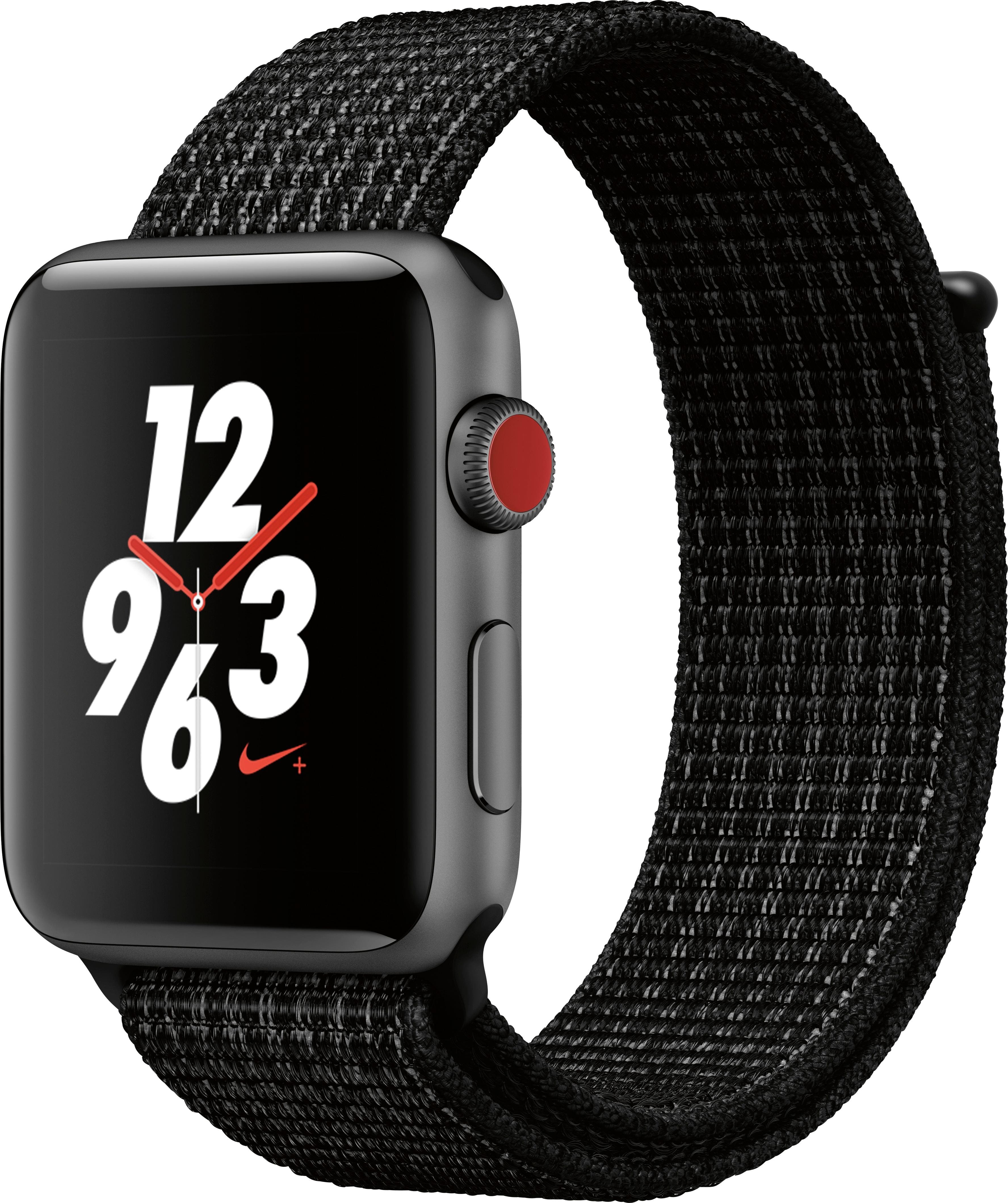 Angle. Apple - Apple Watch Nike+ Series 3 (GPS + Cellular), 42mm Space Gray Aluminum Case with Black/Pure Platinum Nike Sport Loop - Space Gray.
