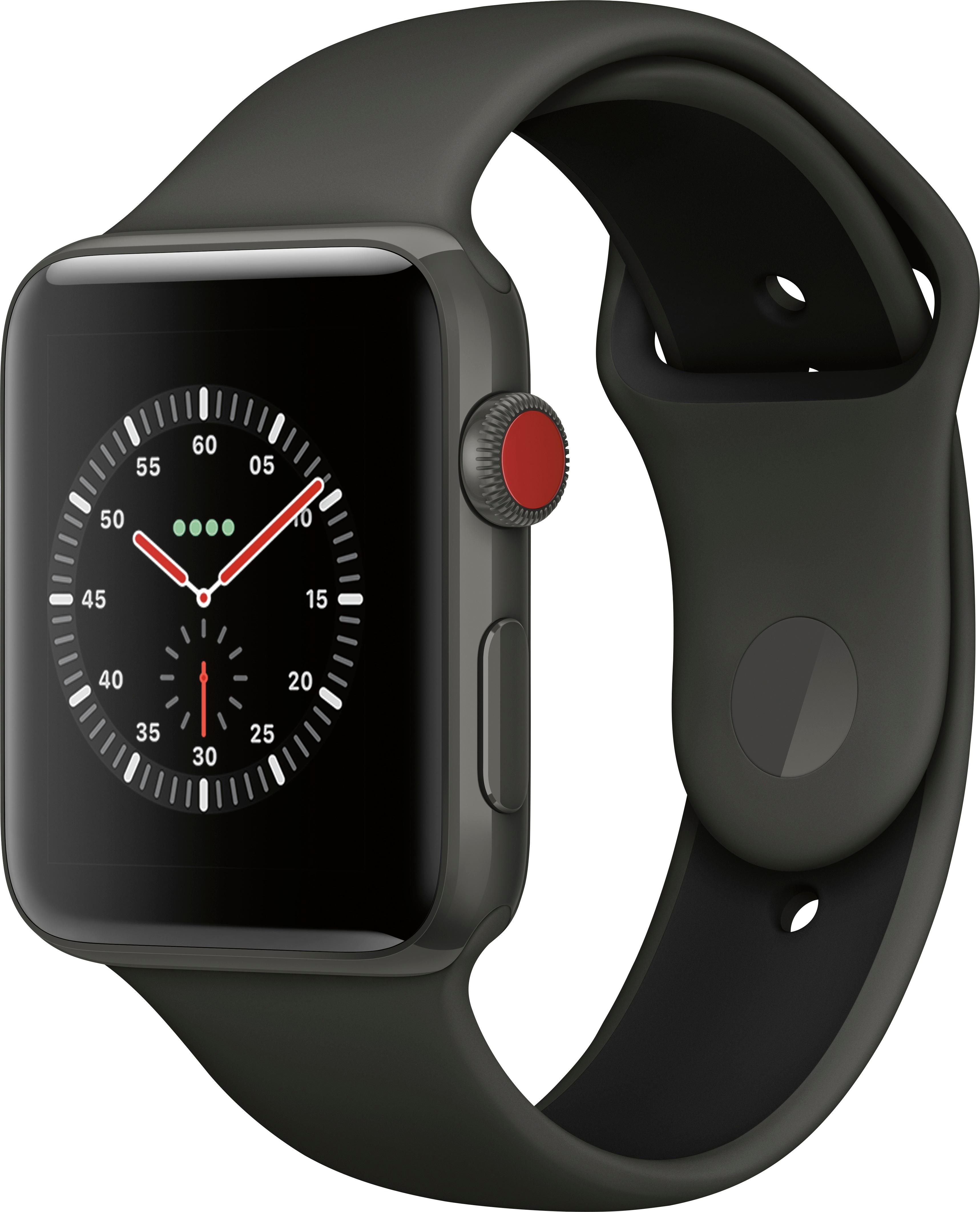 Angle View: Apple Watch Gen 3 Series 3 Cell 42mm Gray Ceramic - Gray/Black Sport Band MQKE2LL/A