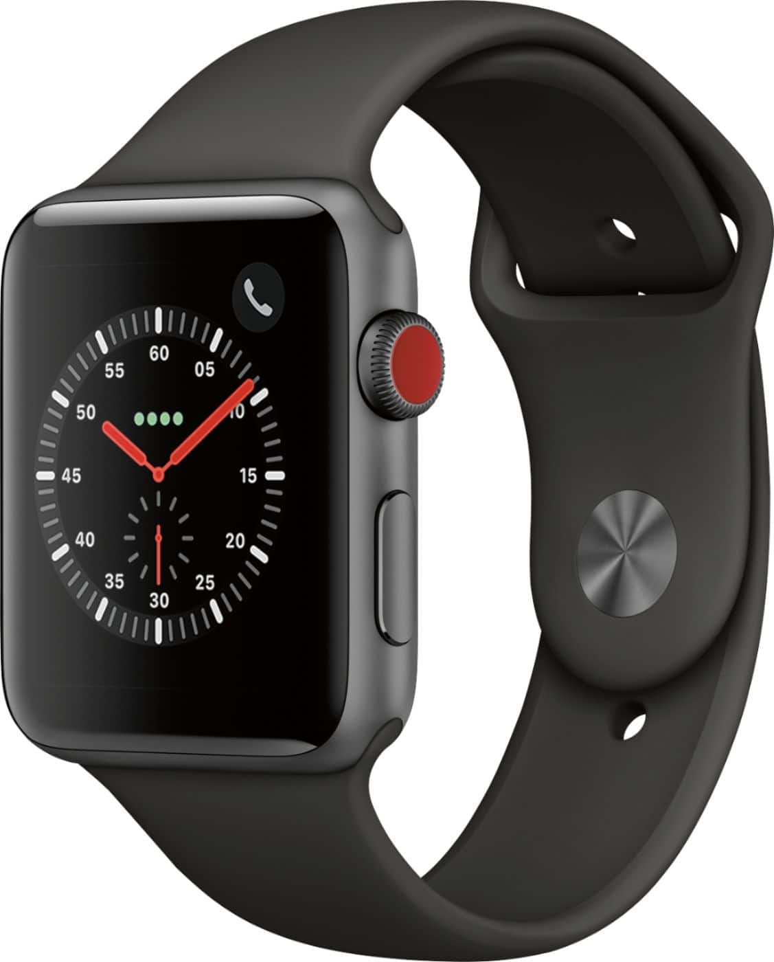 Angle. Apple - Apple Watch Series 3 (GPS + Cellular) 42mm Space Gray Aluminum Case with Gray Sport Band - Space Gray Aluminum.