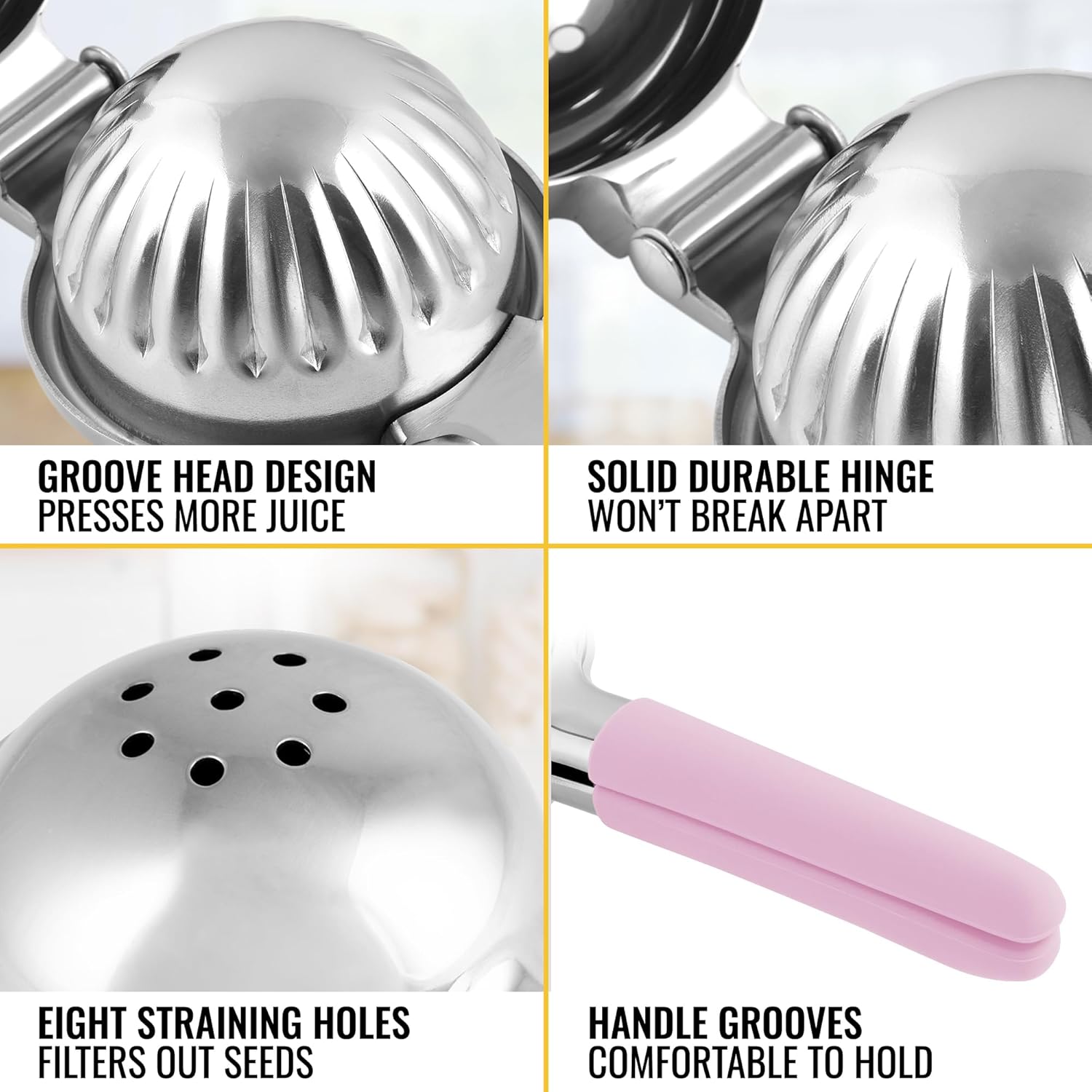 GROOVE HEAD DESIGN PRESSES MORE JUICE, SOLID DURABLE HINGE WON'T BREAK APART, EIGHT STRAINING HOLES FILTERS OUT SEEDS, HANDLE GROOVES COMFORTABLE TO HOLD