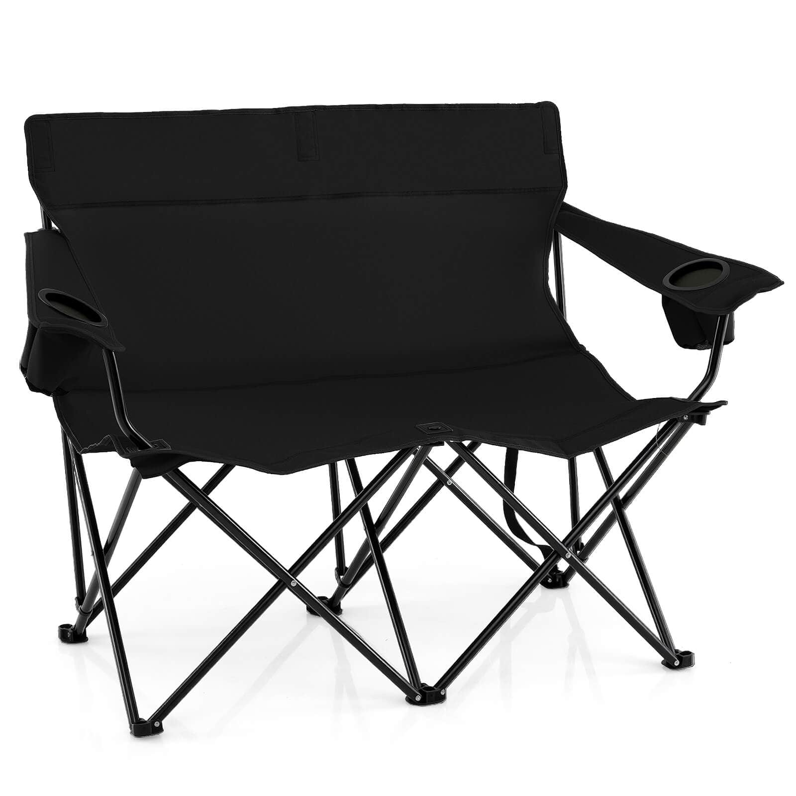 Costway - 2-Person Outdoor Folding Loveseat with Cup Holders Armrests Carrying Bag - Black