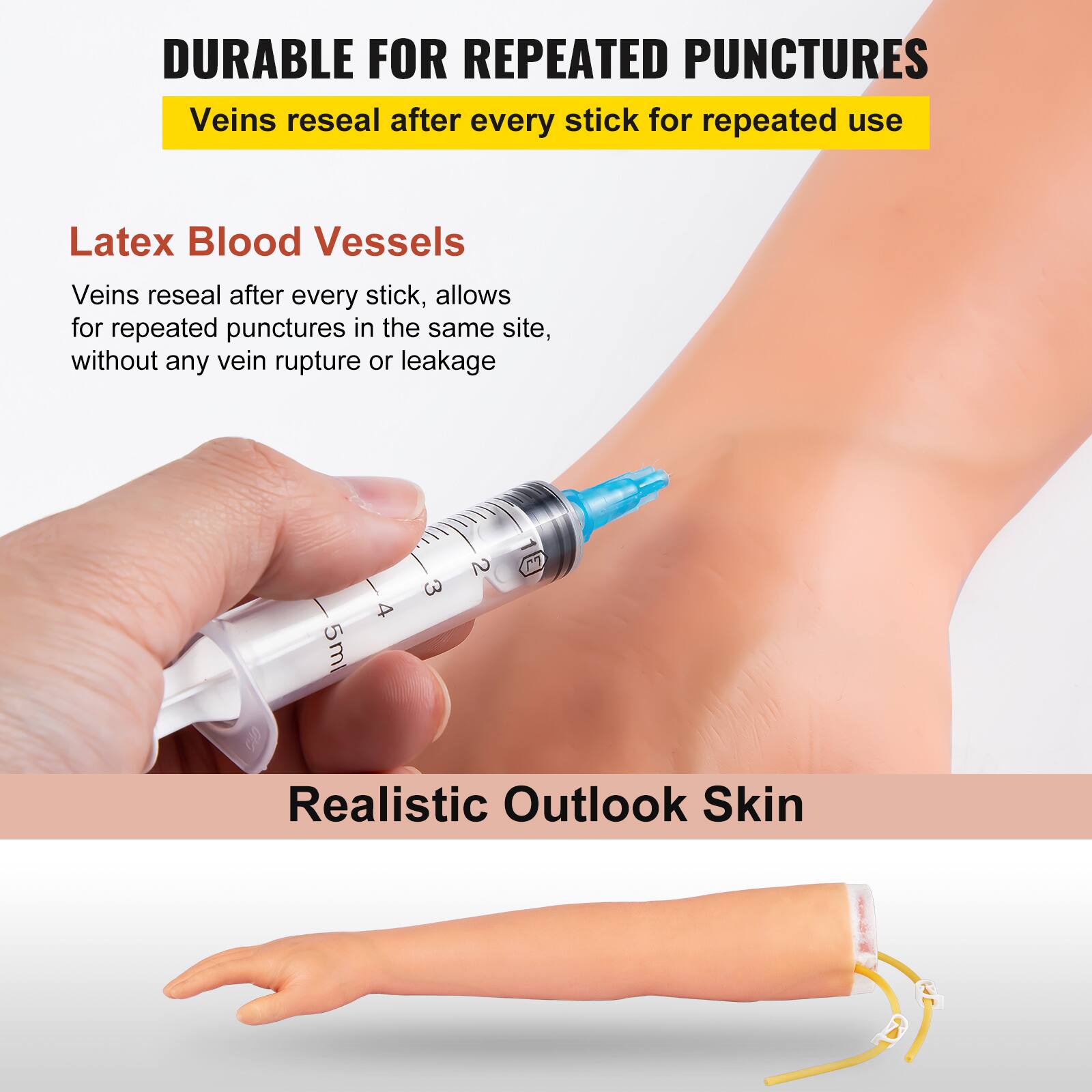 DURABLE FOR REPEATED PUNCTURES  
Veins reseal after every stick for repeated use

Latex Blood Vessels  
Veins reseal after every stick, allows for repeated punctures in the same site, without any vein rupture or leakage

Realistic Outlook Skin