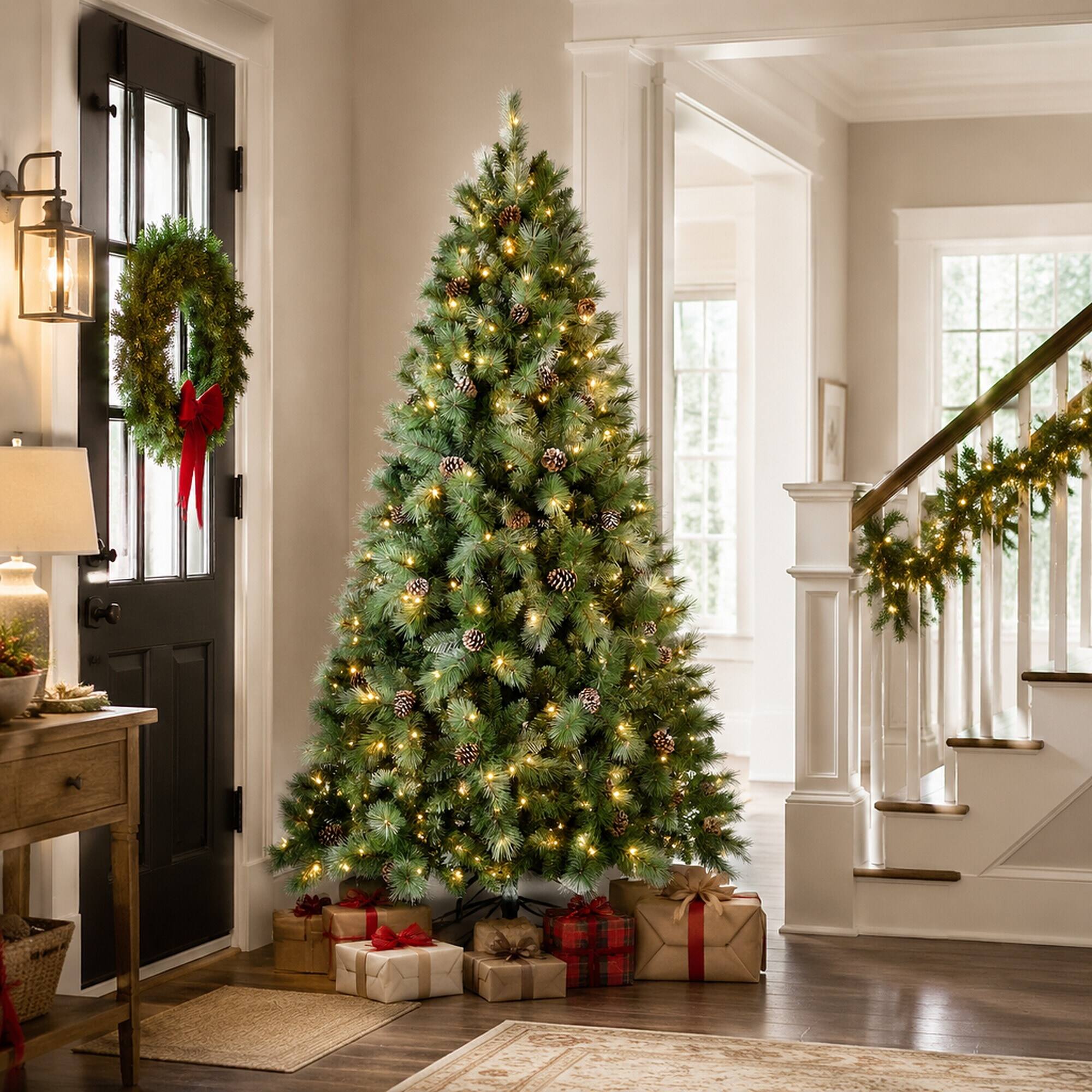 Alt View 1. RYHNUYNE - 8FT Pre-Lit Christmas Tree, 550 Warm White LED Lights 1858 PVC Hard Needle Tips 102 Pine Cones Hinged Branch Metal Stand - Green.