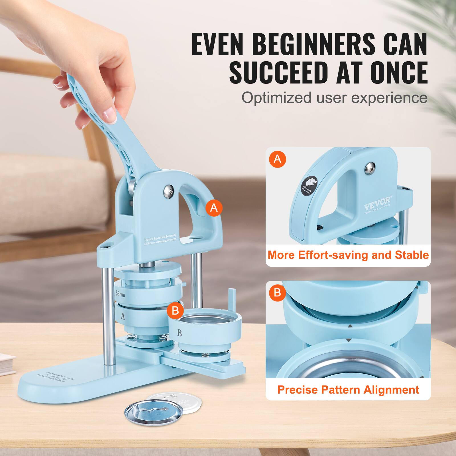 EVEN BEGINNERS CAN SUCCEED AT ONCE  
Optimized user experience  

A - More Effort-saving and Stable  
B - Precise Pattern Alignment
