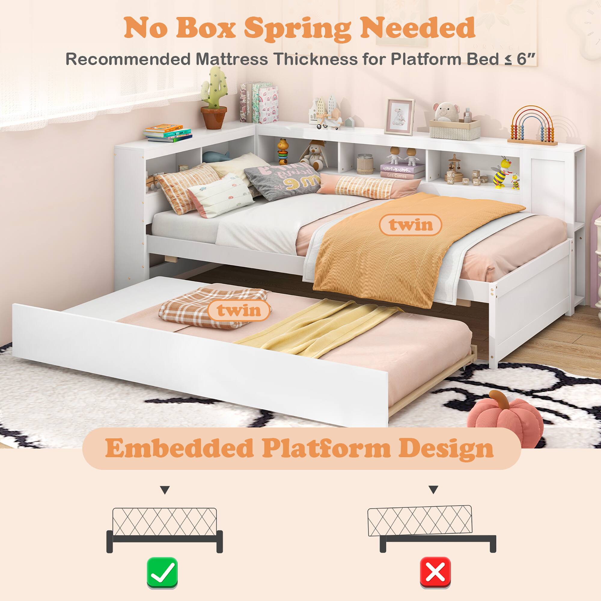 No Box Spring Needed  
Recommended Mattress Thickness for Platform Bed ≤ 6"  

Embedded Platform Design