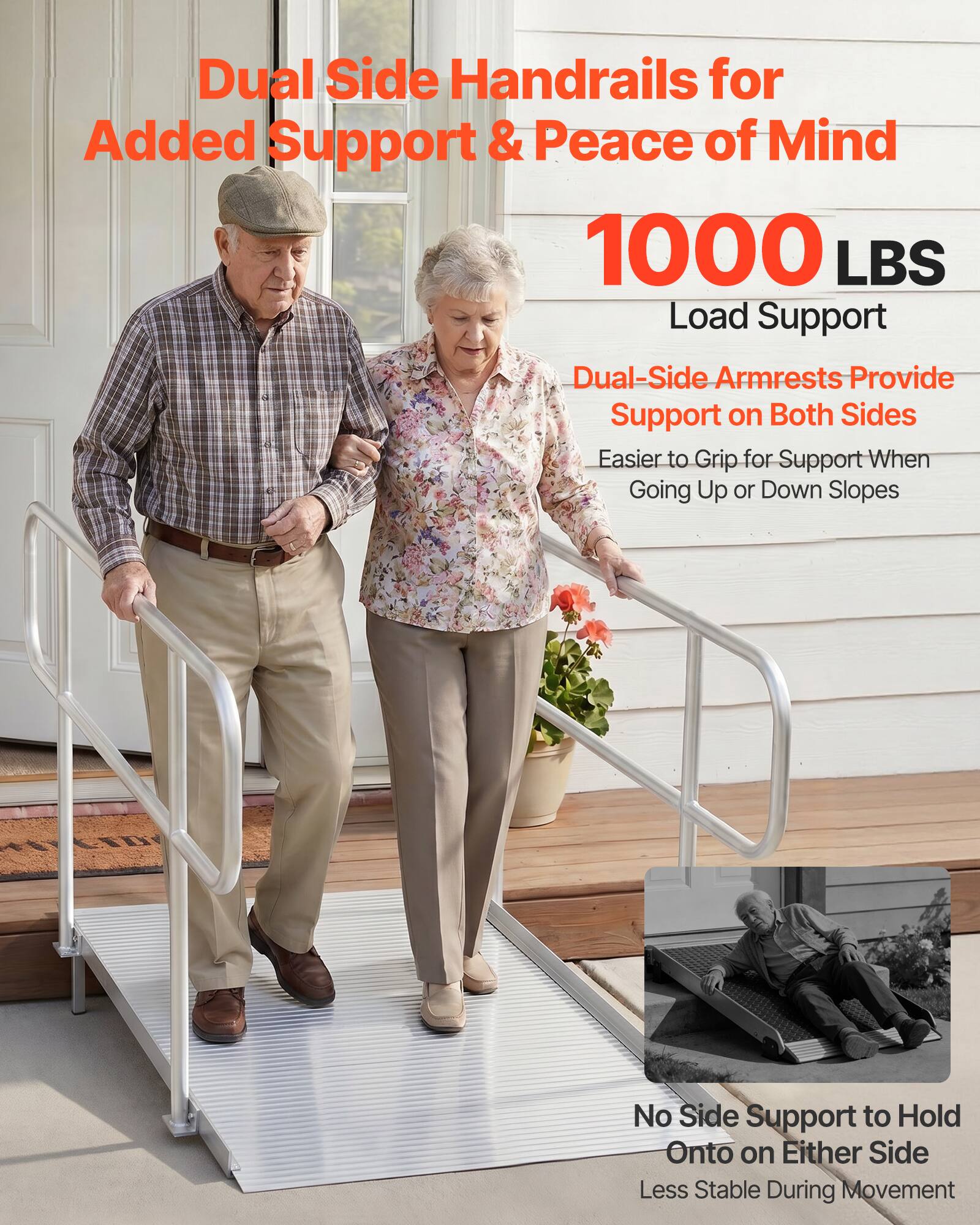 Dual Side Handrails for Added Support & Peace of Mind  
1000 LBS Load Support  
Dual-Side Armrests Provide Support on Both Sides  
Easier to Grip for Support When Going Up or Down Slopes  
No Side Support to Hold Onto on Either Side  
Less Stable During Movement