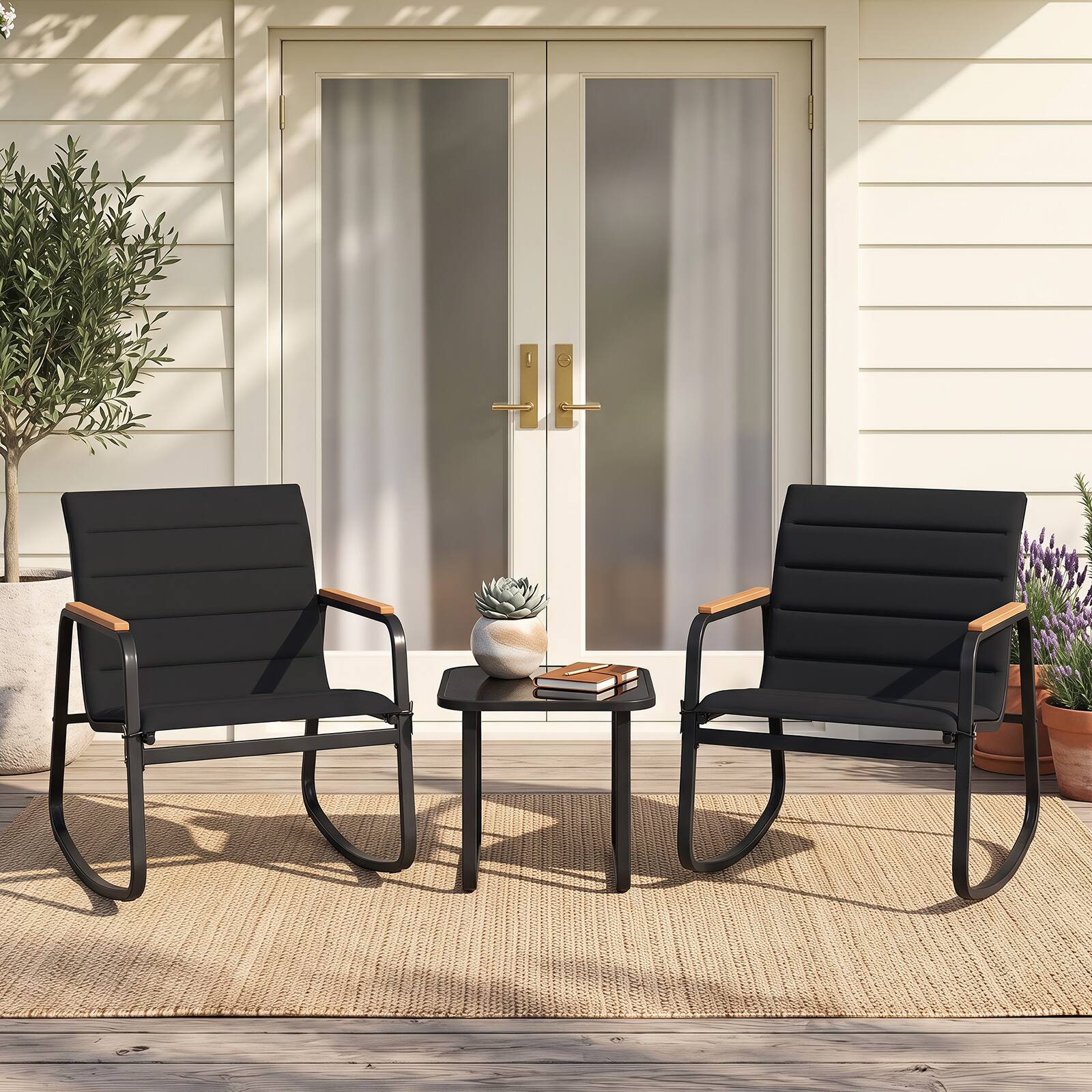 Alt View 3. Costway - Costway 3PCS Outdoor Rocking Bistro Set with Tempered Glass Table Metal Frame Soft Cushions - Black.