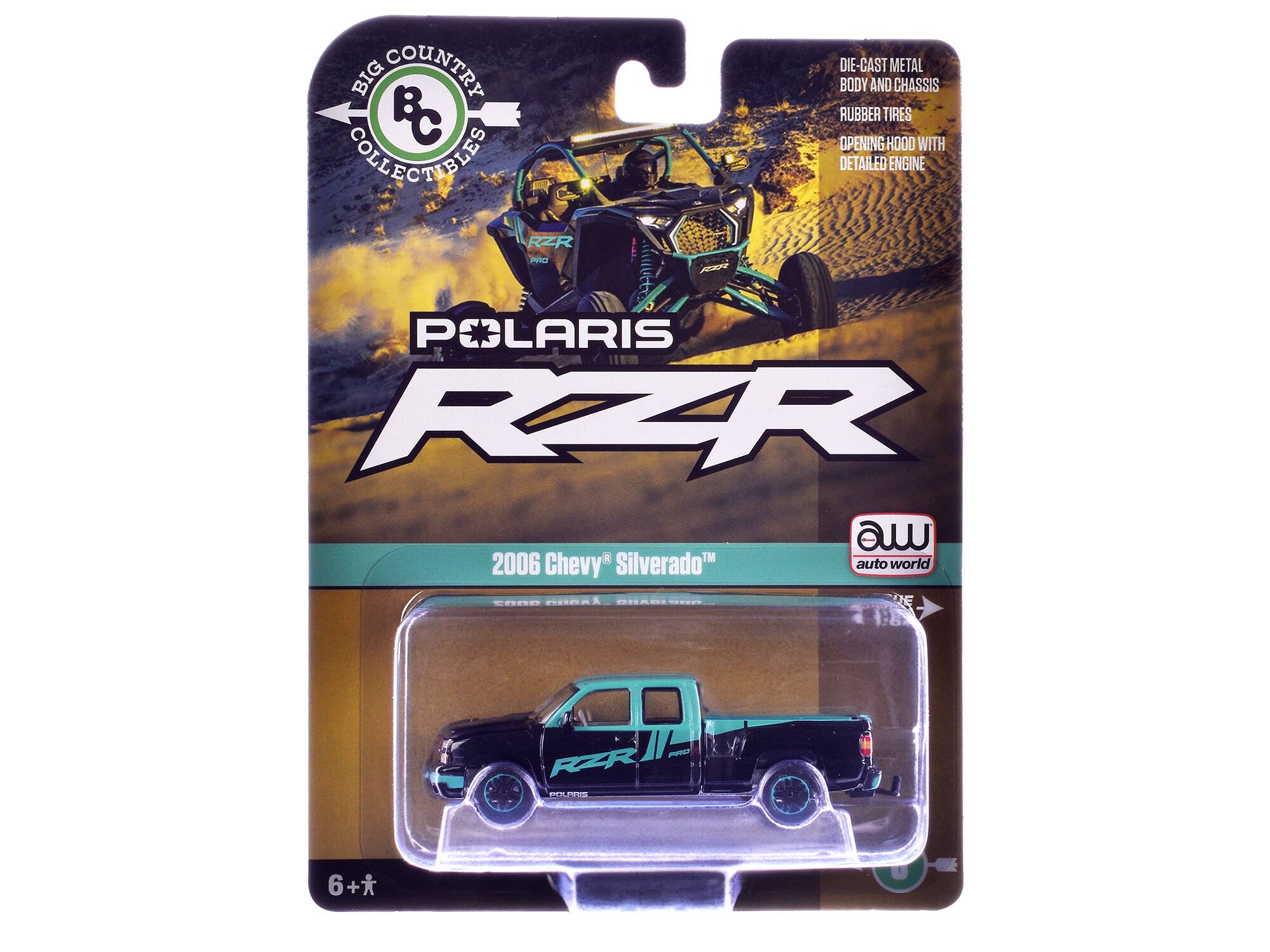 BIG COUNTRY BC COLLECTIBLES

POLARIS RZR

2006 Chevy® Silverado™

Die-Cast Metal Body and Chassis
Rubber Tires
Opening Hood with Detailed Engine

6+

auto world