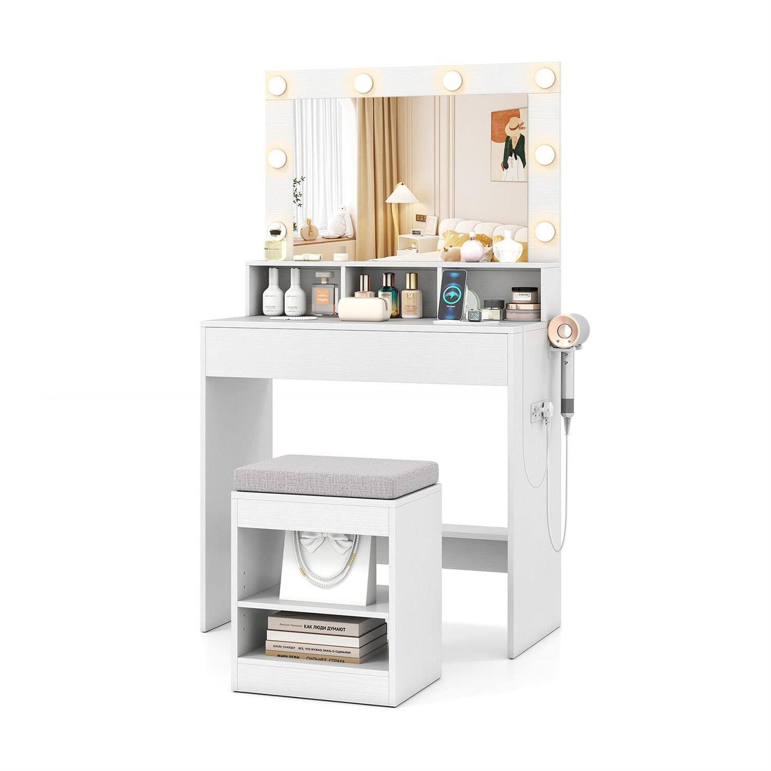 Front. Pefilos - 31.5-Inch Mini Lighted Vanity Desk, 3 Touch-Control Light Modes, 2 Shelves, 3 Compartments & 1 Drawer, Integrated - White.