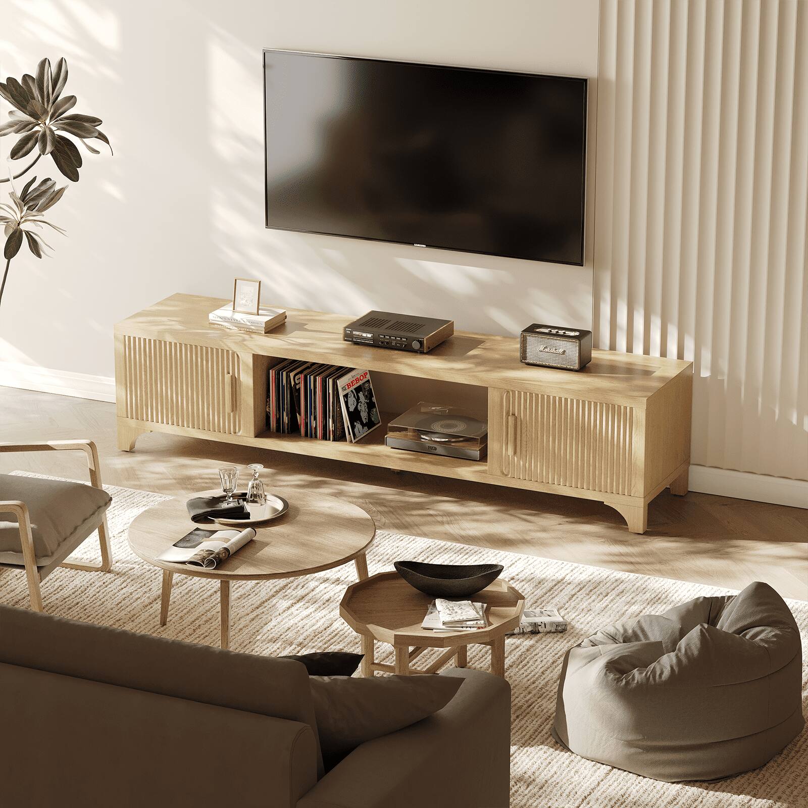 Alt View 3. Sugift - Modern Media Console with Fluted Doors and Storage for TVs up to 75 Inches - Brown.