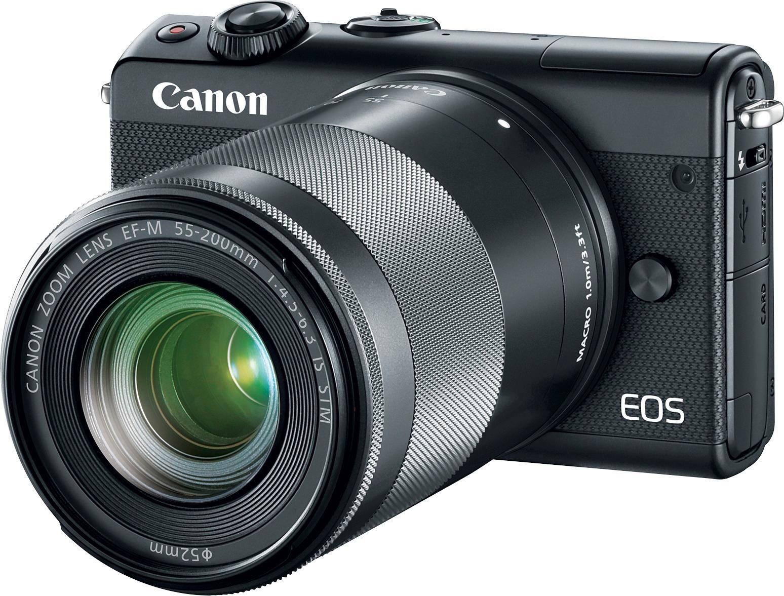 Left. Canon - EOS M100 Mirrorless Camera with EF-M 15-45mm and 55-200mm IS STM Zoom Lenses - Black.