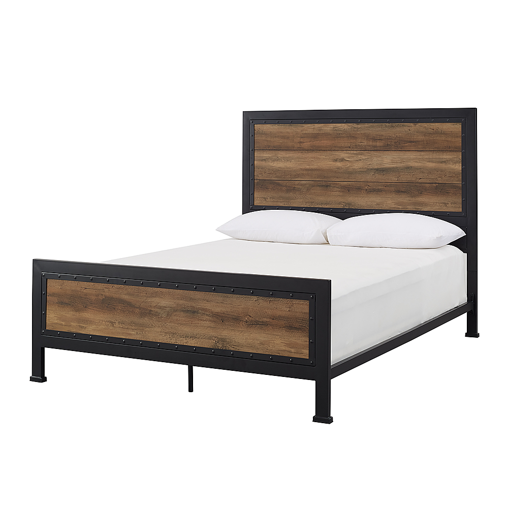 Angle View: Walker Edison - Rustic Industrial Queen Size Panel Bed Frame - Rustic Oak