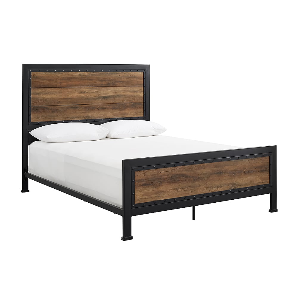 Left. Walker Edison - Rustic Industrial Queen Size Panel Bed Frame - Rustic Oak.