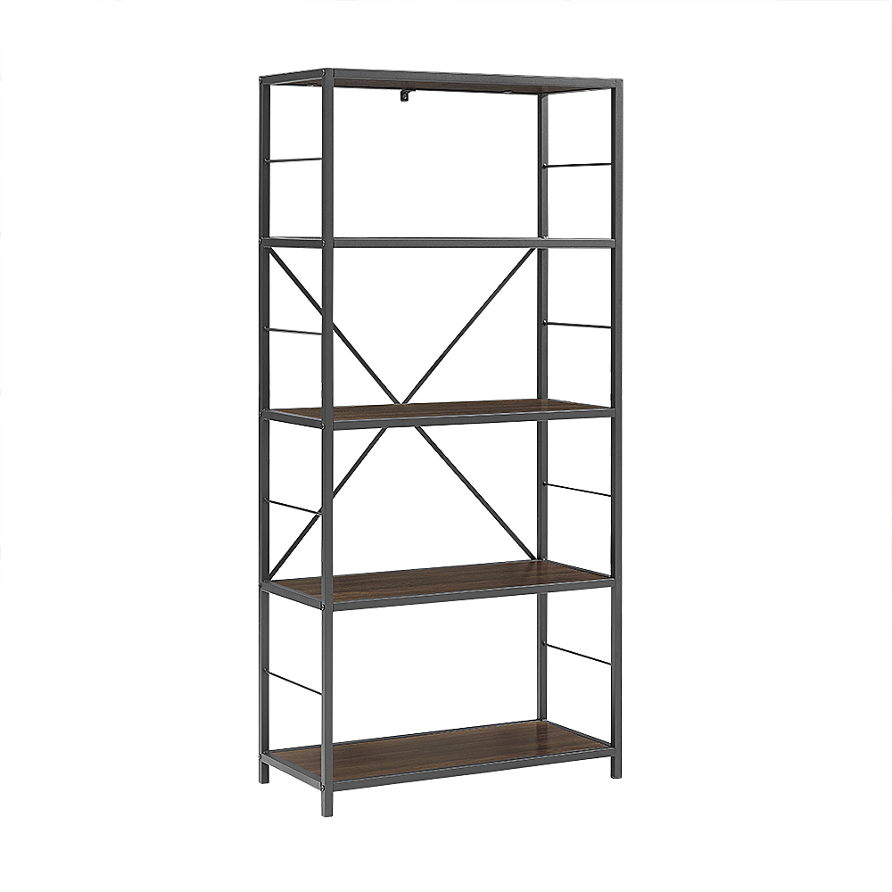 Angle View: Walker Edison - Rustic Industrial Metal and Wood 5-Shelf Bookcase - Dark Walnut