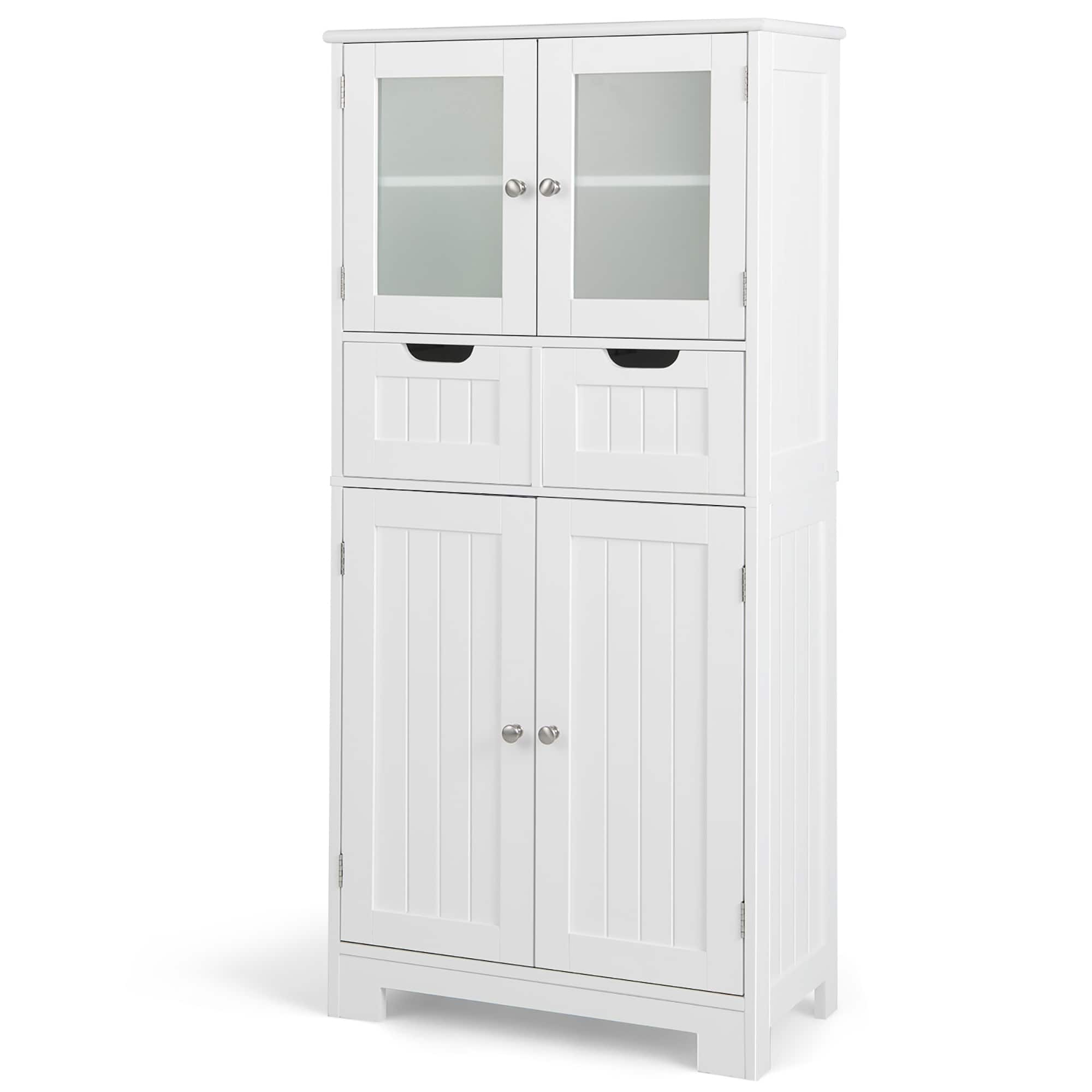 Costway - Bathroom Floor Storage Cabinet Kitchen Cupboard with 2 Drawers & Glass Doors - White