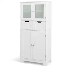 Costway - Bathroom Floor Storage Cabinet Kitchen Cupboard with 2 Drawers & Glass Doors - White