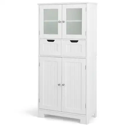 Front. Costway - Costway Bathroom Floor Storage Cabinet Kitchen Cupboard with 2 Drawers & Glass Doors - White.