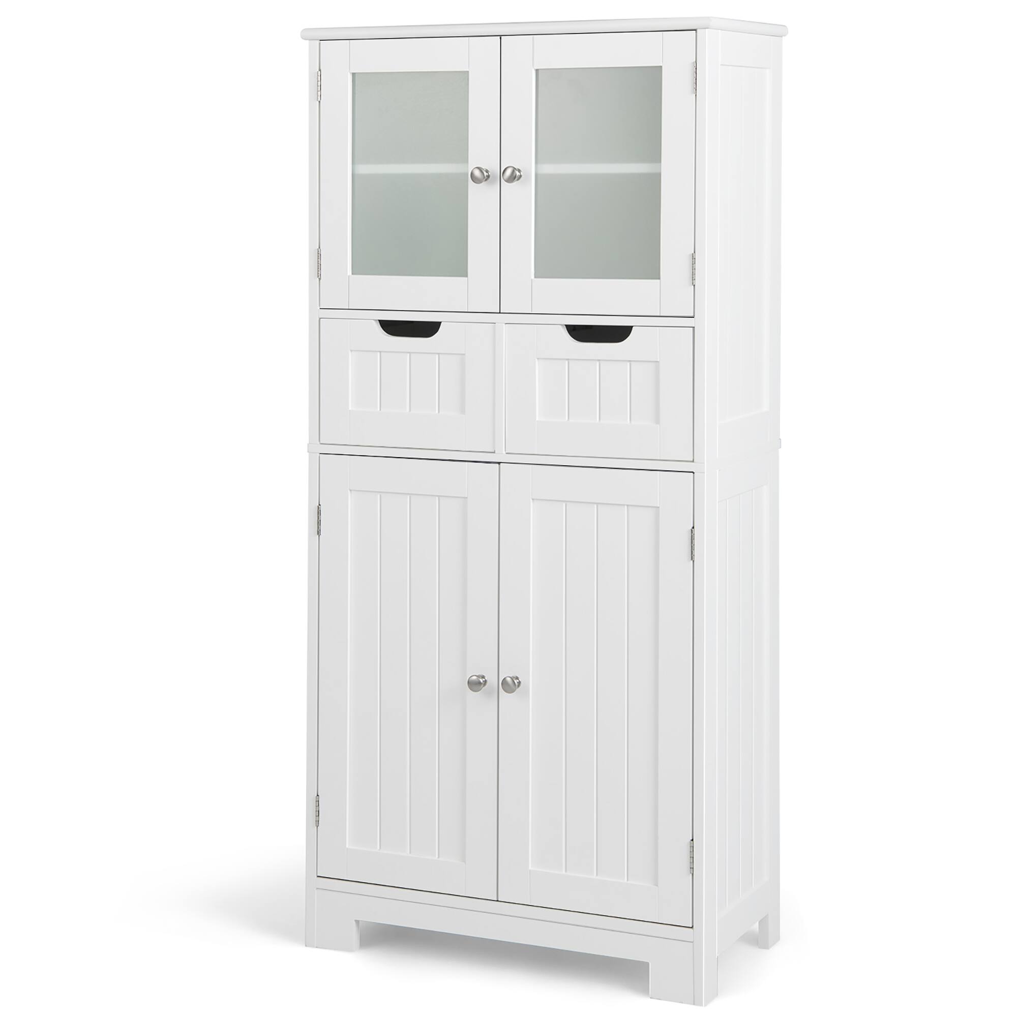 Front. Costway - Costway Bathroom Floor Storage Cabinet Kitchen Cupboard with 2 Drawers & Glass Doors - White.