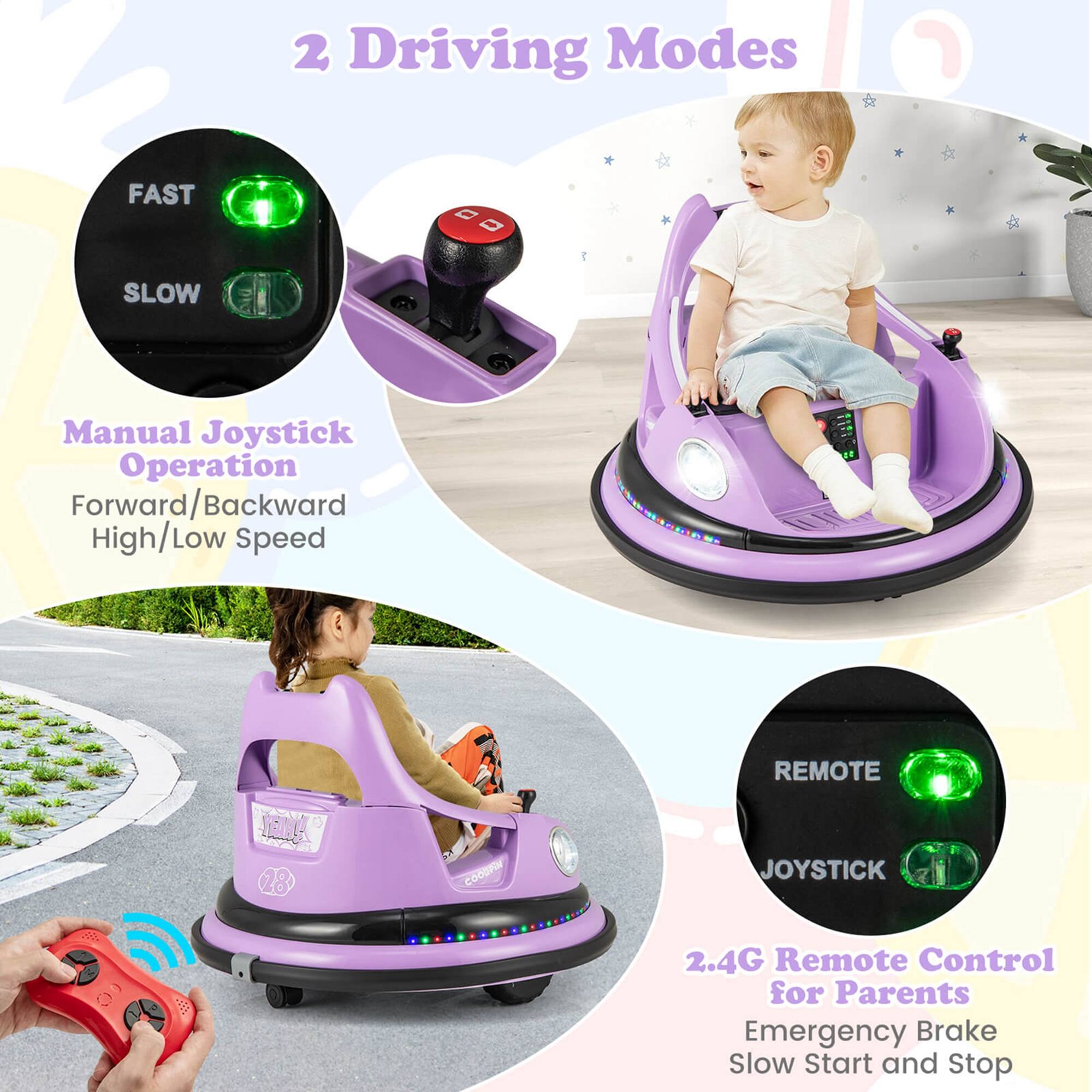 2 Driving Modes

Manual Joystick Operation
Forward/Backward
High/Low Speed

2.4G Remote Control for Parents
Emergency Brake
Slow Start and Stop