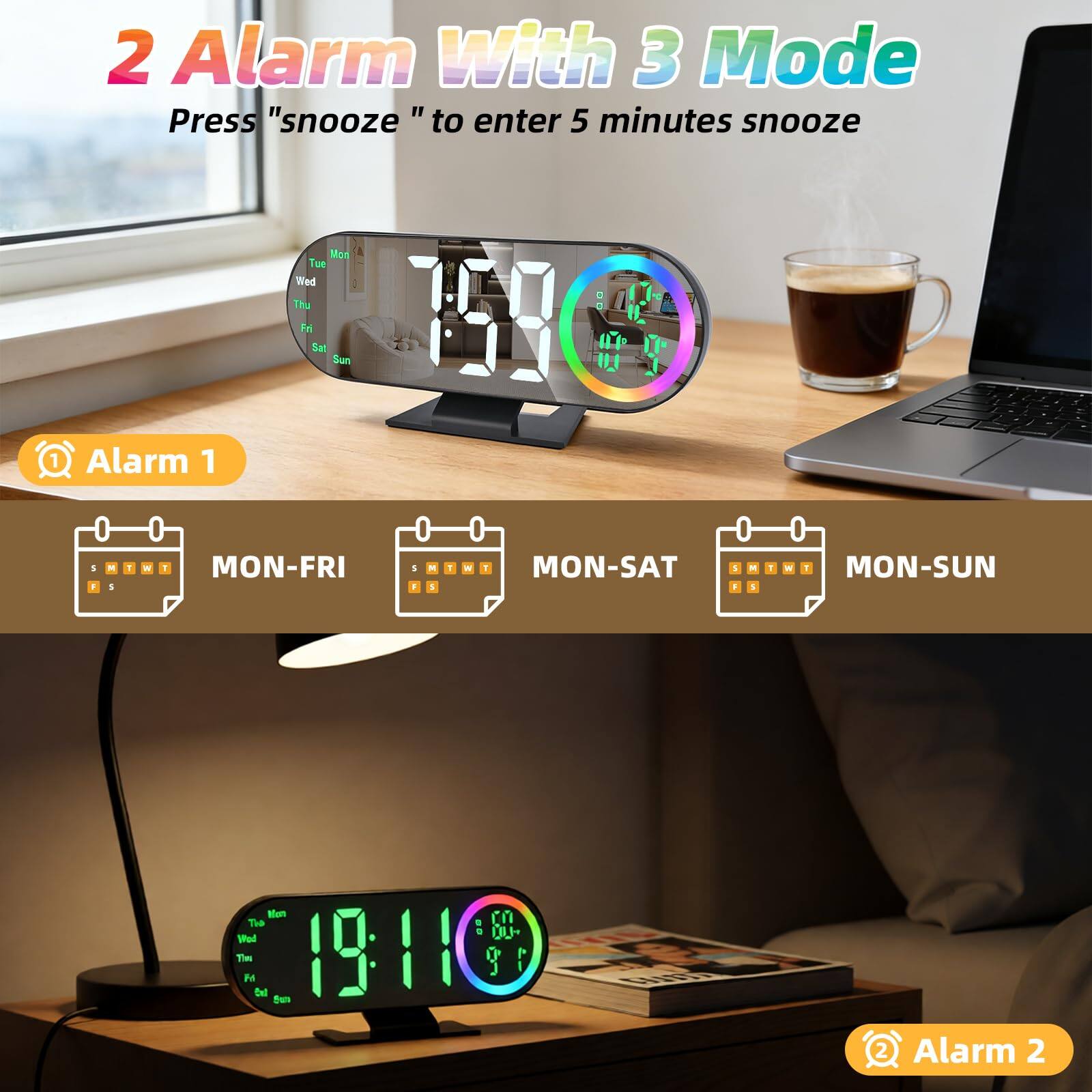 2 Alarm With 3 Mode  
Press "snooze" to enter 5 minutes snooze  

Alarm 1  
MON-FRI  
MON-SAT  
MON-SUN  

Alarm 2