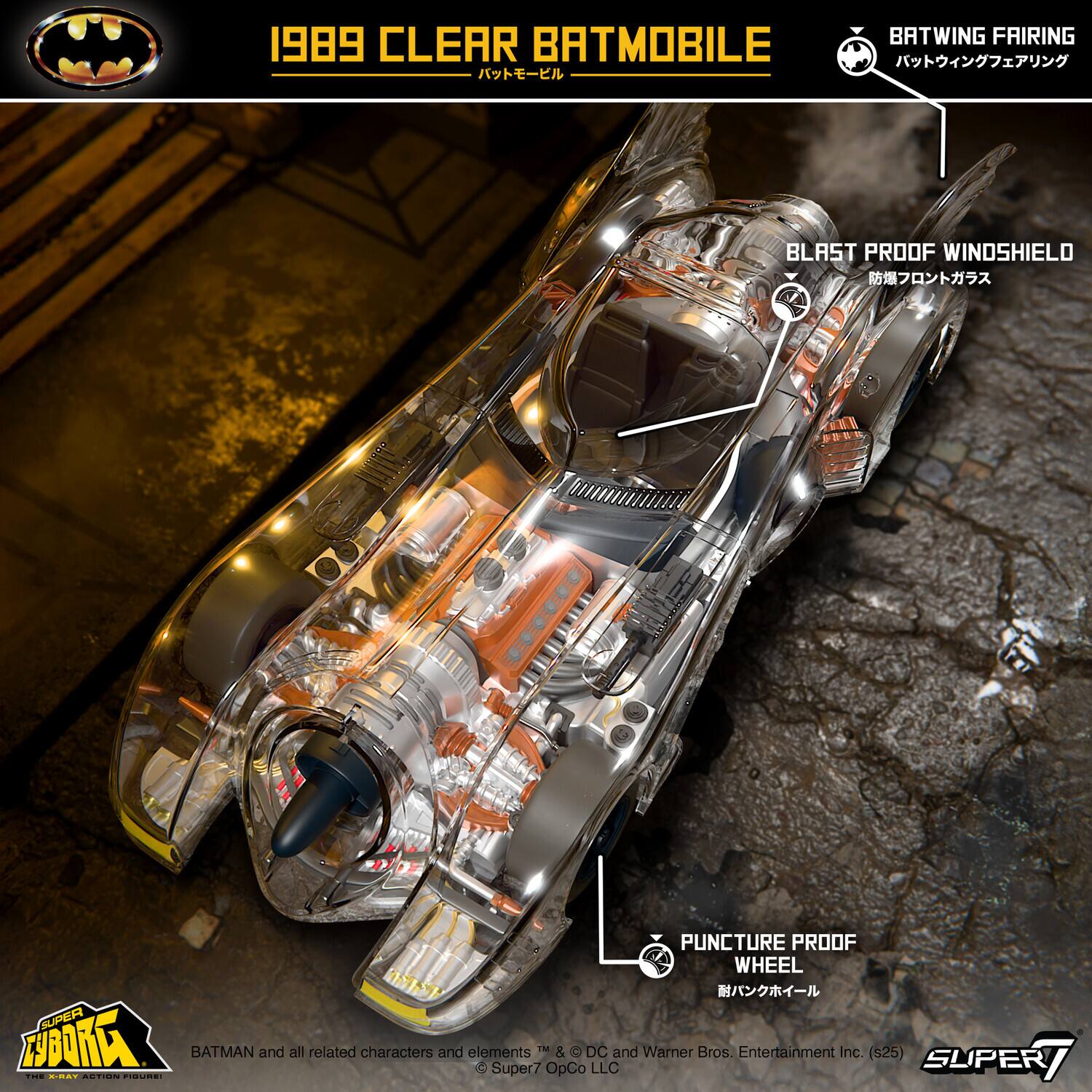 1989 CLEAR BATMOBILE

BATWING FAIRING

BLAST PROOF WINDSHIELD

PUNCTURE PROOF WHEEL

BATMAN and all related characters and elements © Super7 TM & DC OpCo LLC and Warner Bros. Entertainment Inc. ($25)

SUPER7

SUPER7 ACTION FIGURES