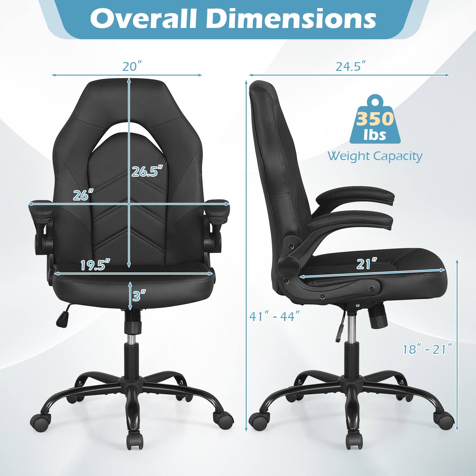Overall Dimensions
- 20"
- 24.5"
- 26"
- 26.5"
- 350 lbs Weight Capacity
- 19.5"
- 21"
- 3"
- 41" - 44"
- 18" - 21"