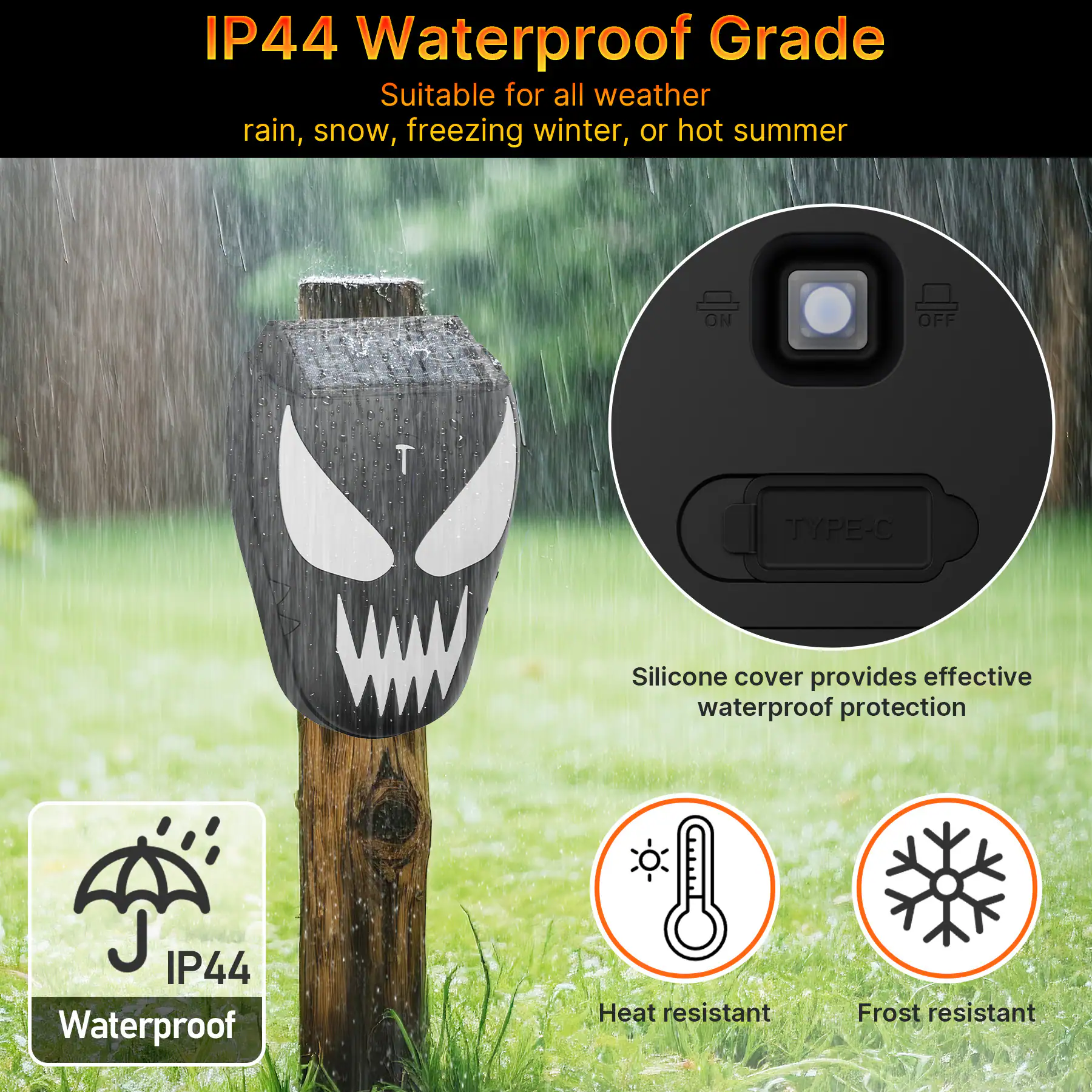 IP44 Waterproof Grade  
Suitable for all weather rain, snow, freezing winter, or hot summer  
ON OFF TYPE-C  
Silicone cover provides effective waterproof protection  
IP44 Waterproof  
Heat resistant  
Frost resistant