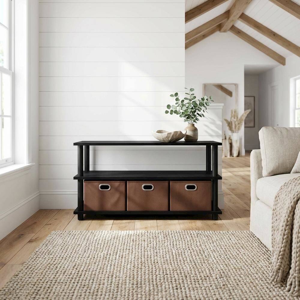 Angle. FurniFact - Black Oak Turn-N-Tube Coffee Table with Bin Drawers and Compact Storage - Black Oak.