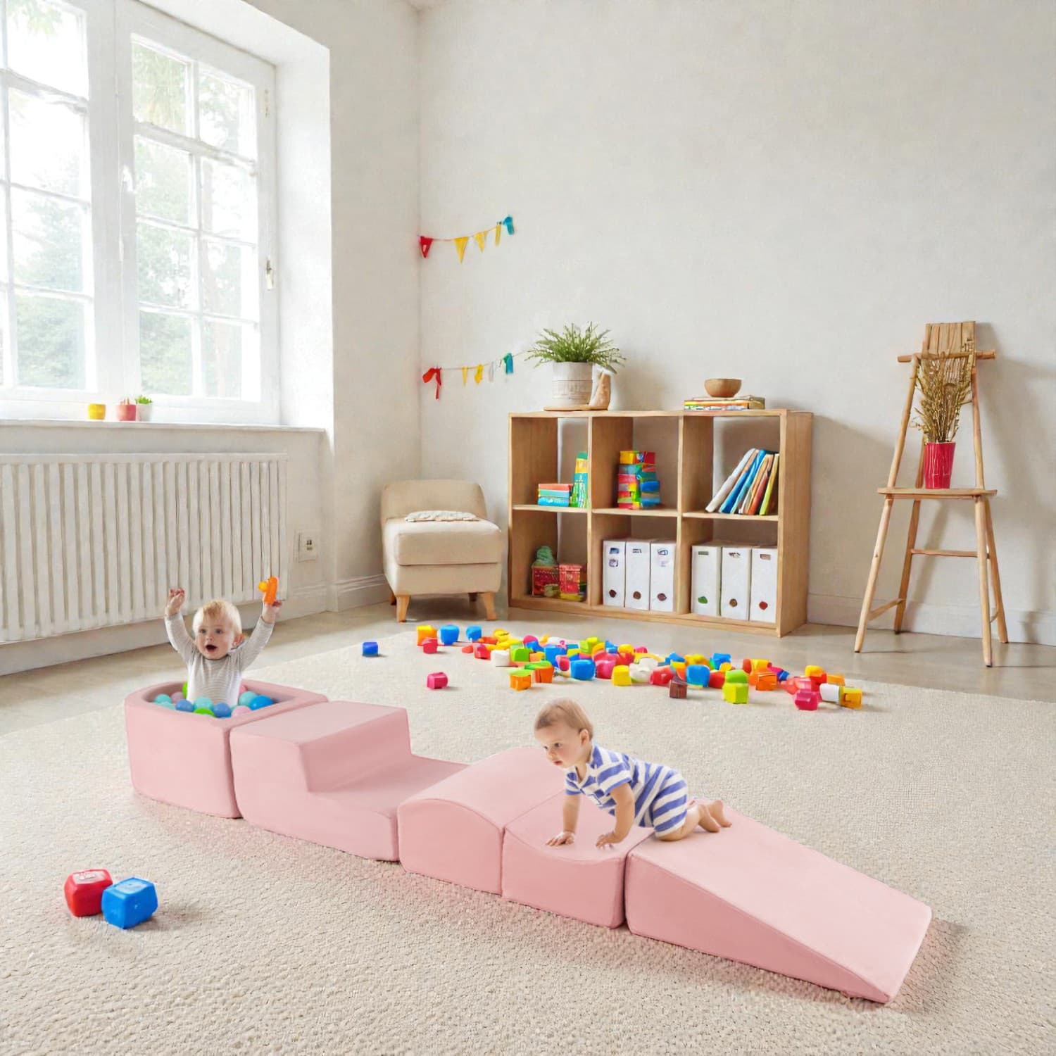 BreeBe - 5-Piece Indoor Kids Playset with Climbing, Crawling, and Ball Pit - Pink