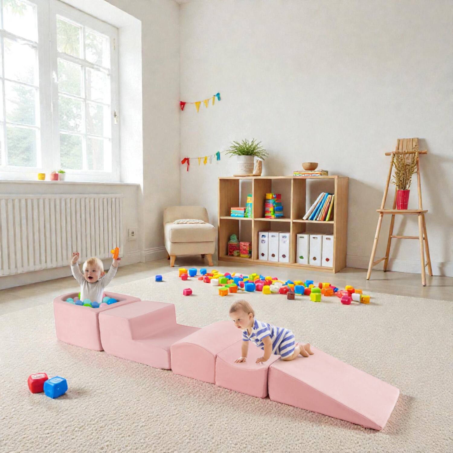 Front. BreeBe - 5-Piece Indoor Kids Playset with Climbing, Crawling, and Ball Pit - Pink.