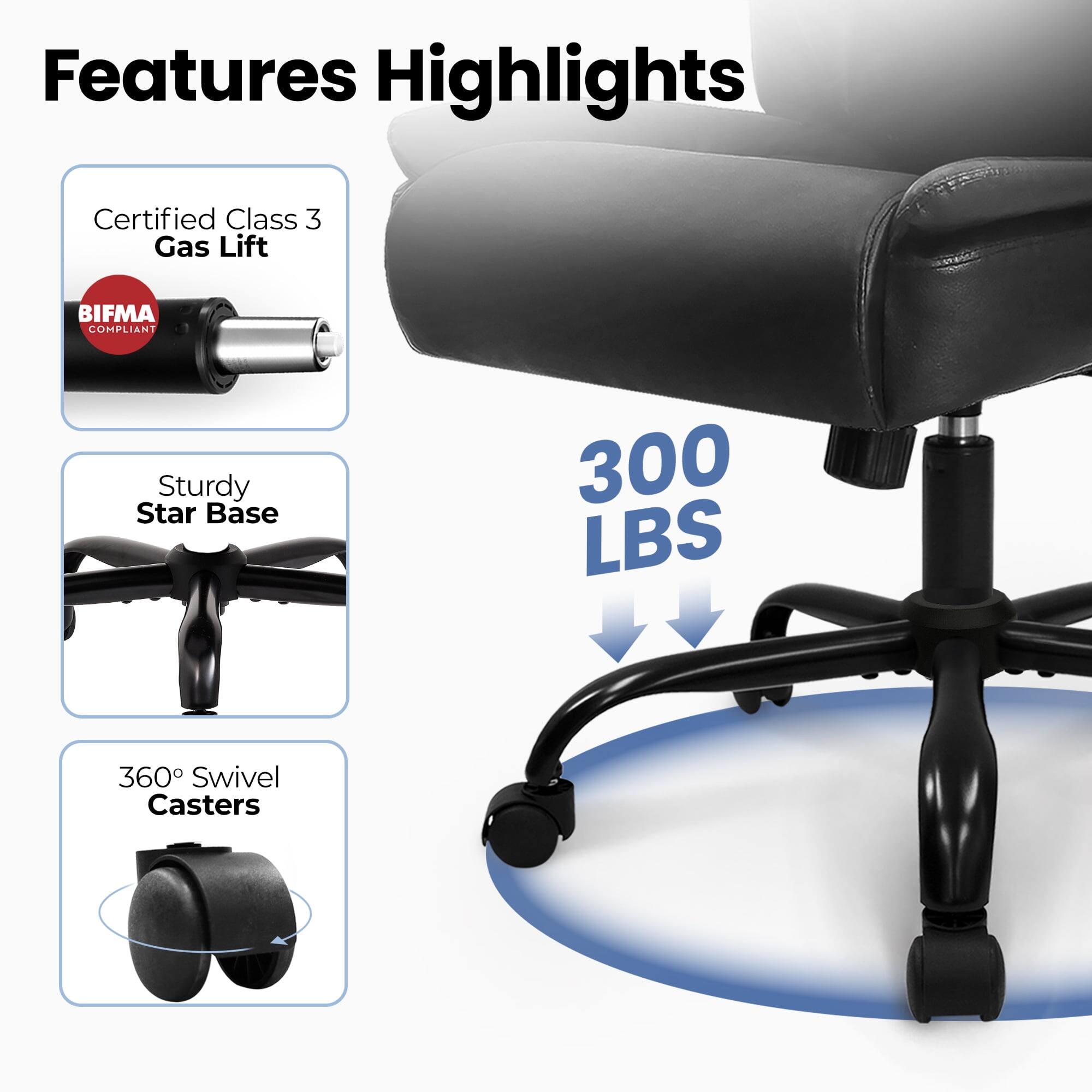 Features Highlights

- Certified Class 3 Gas Lift
- BIFMA COMPLIANT
- Sturdy Star Base
- 300 LBS
- 360° Swivel Casters