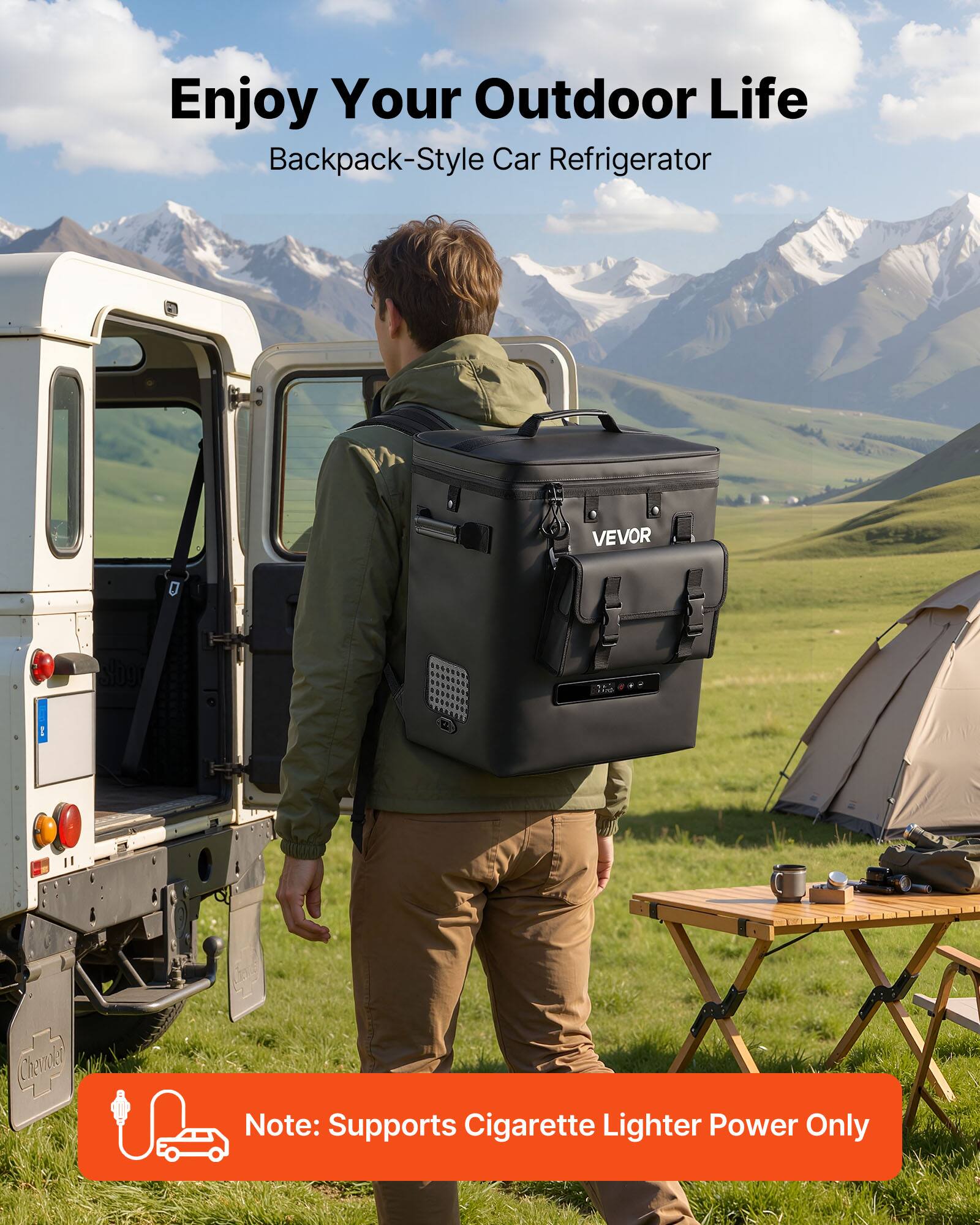 Enjoy Your Outdoor Life  
Backpack-Style Car Refrigerator  
VEVOR  

Note: Supports Cigarette Lighter Power Only