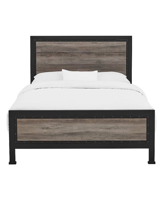 Walker Edison Rustic Industrial Queen, Distressed White Wooden Bed Frame